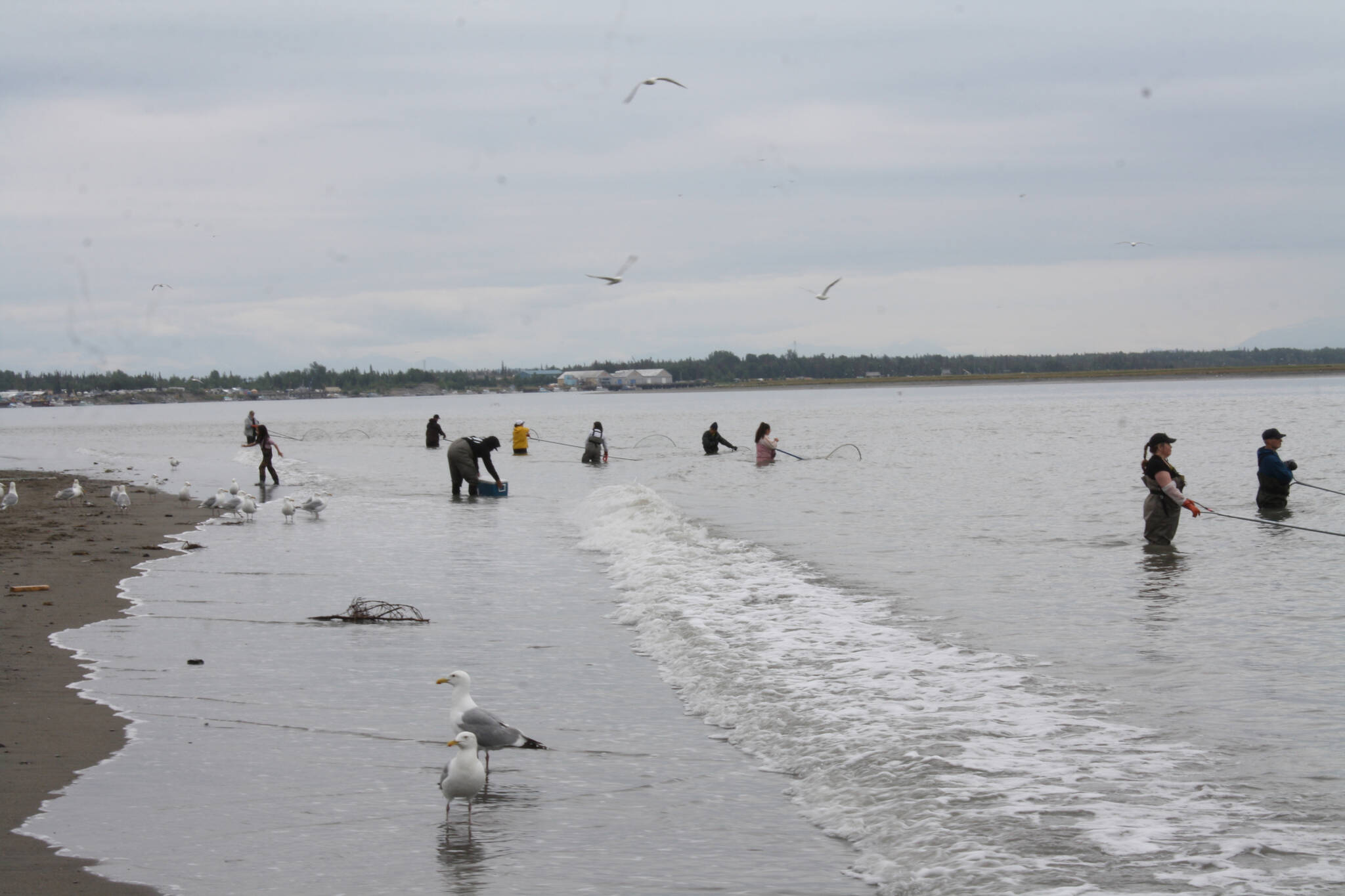 Dipnetters fish at North Kenai Beach on Tuesday, July 12, 2022. (Camille Botello/Peninsula Clarion)