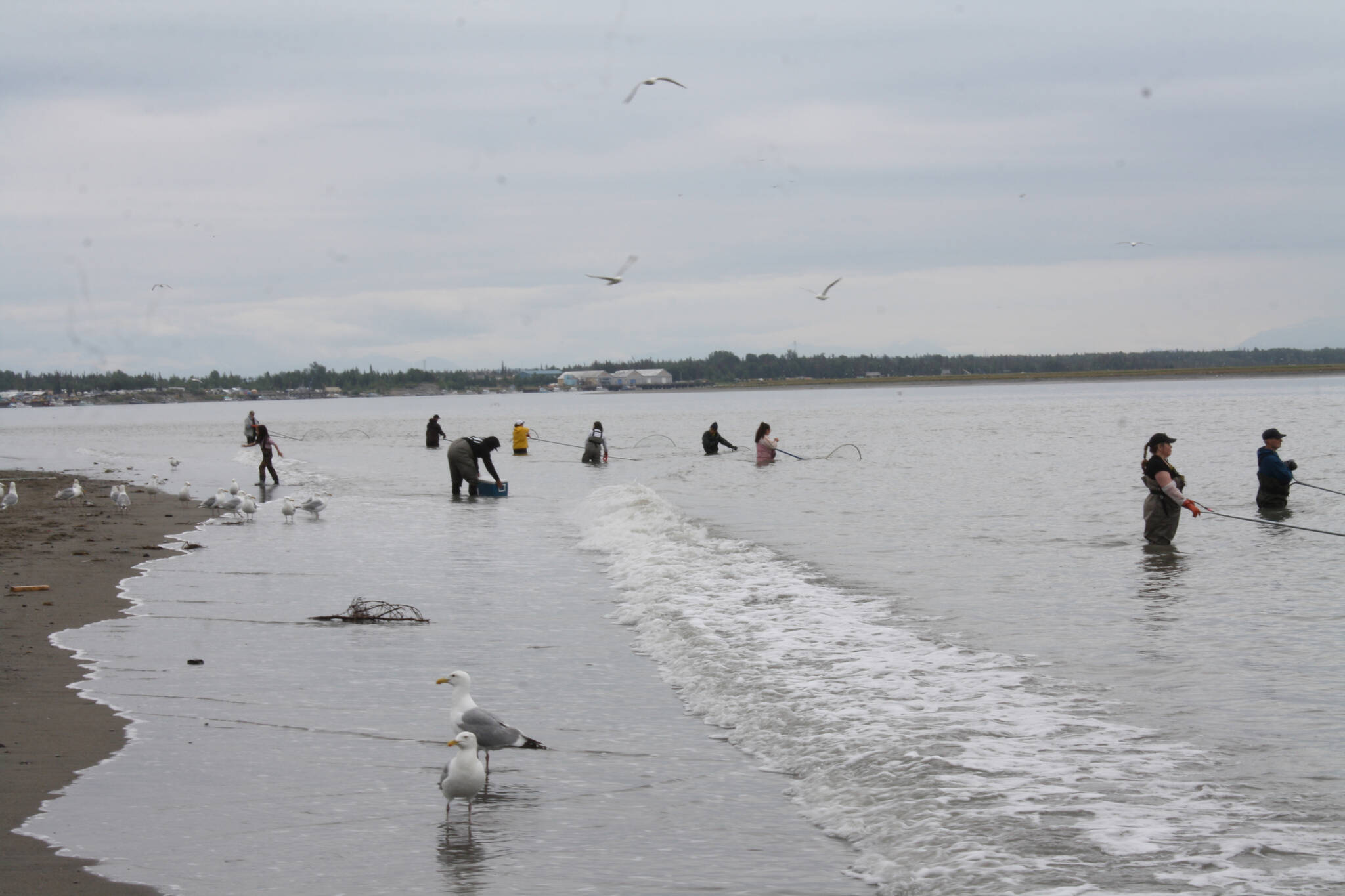 Dipnetters fish at North Kenai Beach on Tuesday, July 12, 2022. (Camille Botello/Peninsula Clarion)