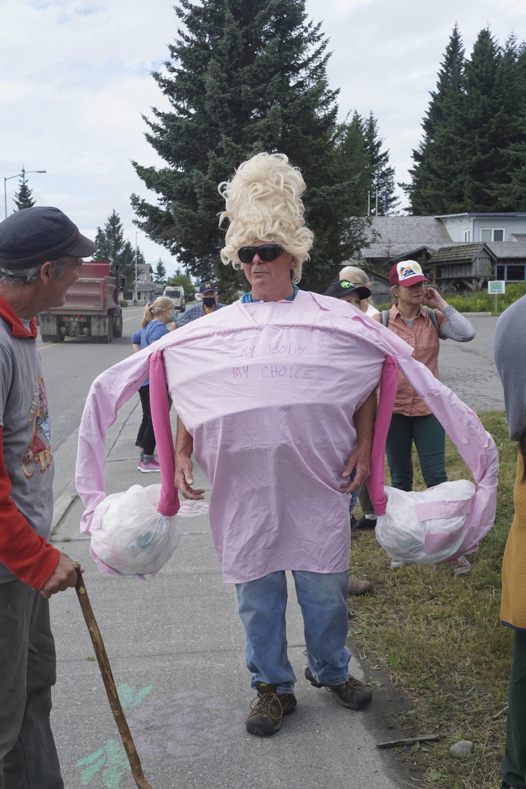Steve McCasland wears a uterus costume for the "Women's March: Bans Off Our Bodies" protest on Saturday, July 9, 2022, in Homer, Alaska. (Photo by Michael Armstrong/Homer News)