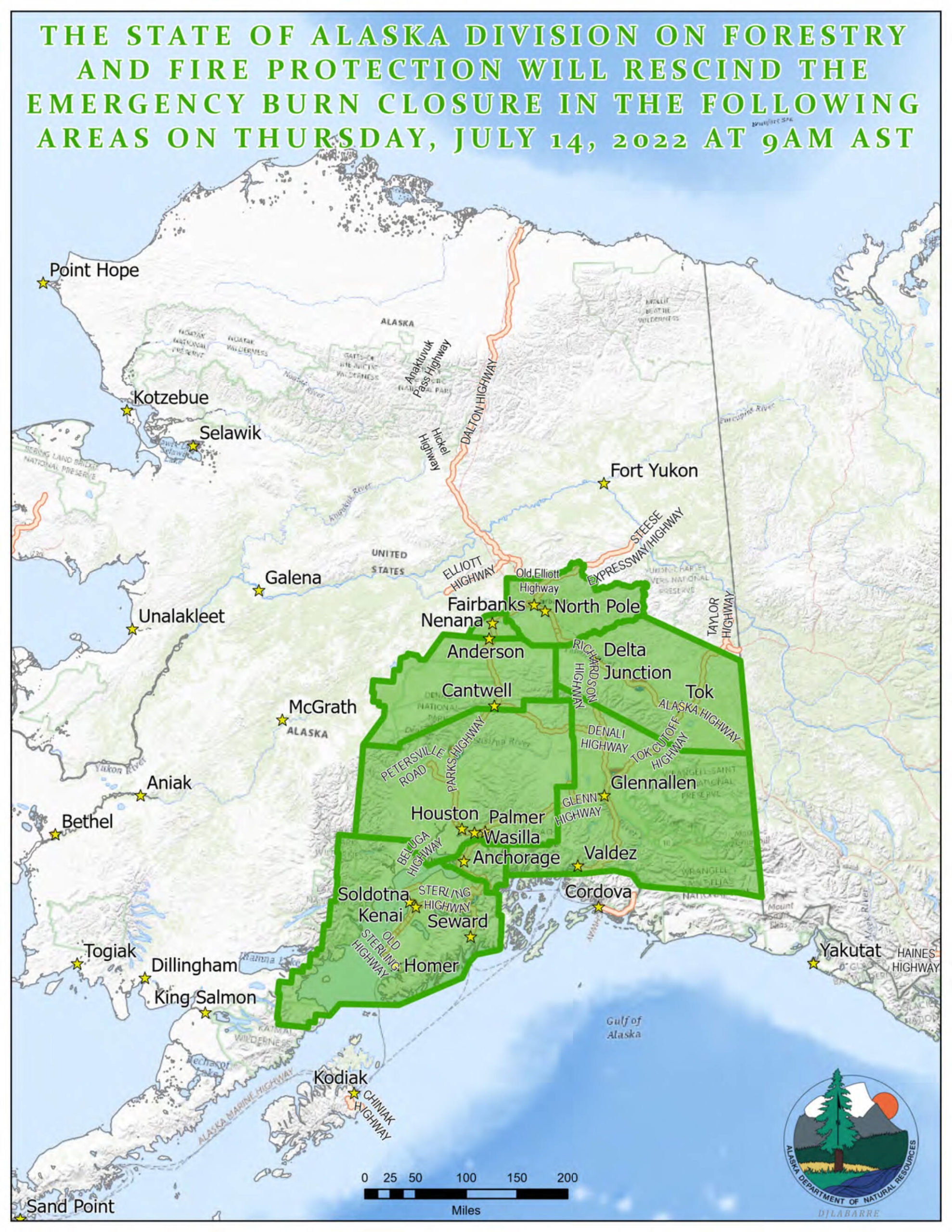 The Alaska State Department of Natural Resources is rescinding the emergency burn suspension for these areas on Thursday, July 14, 2022, citing a decrease in fire danger from recent rain showers. (Image via DNR)