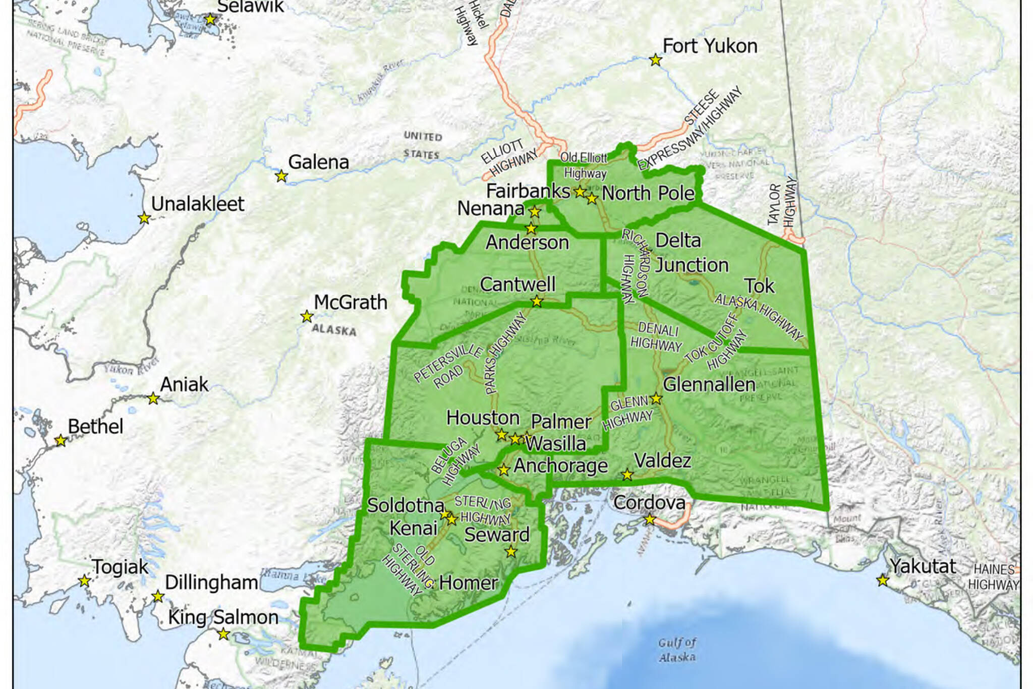 The Alaska State Department of Natural Resources is rescinding the emergency burn suspension for these areas on Thursday, July 14, 2022, citing a decrease in fire danger from recent rain showers. (Image via DNR)