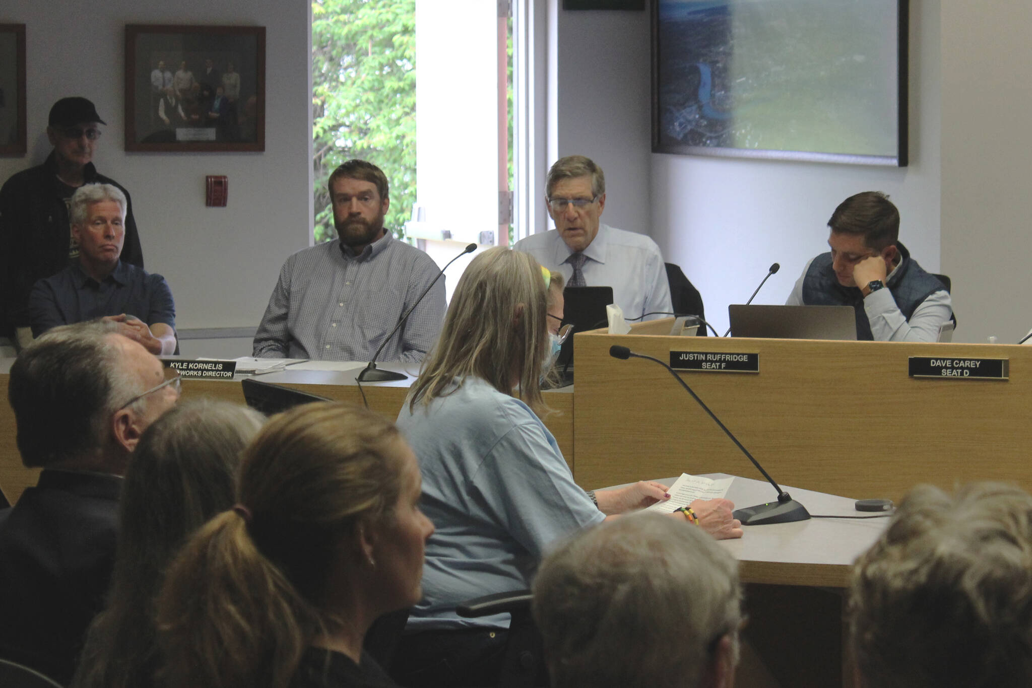 Michele Vasquez testifies before the Soldotna City Council during a council meeting on Wednesday, July 13, 2022, in Soldotna, Alaska. Many attendees voiced their thoughts on a performance given by a drag queen in Soldotna Creek Park last month. (Ashlyn O’Hara/Peninsula Clarion)