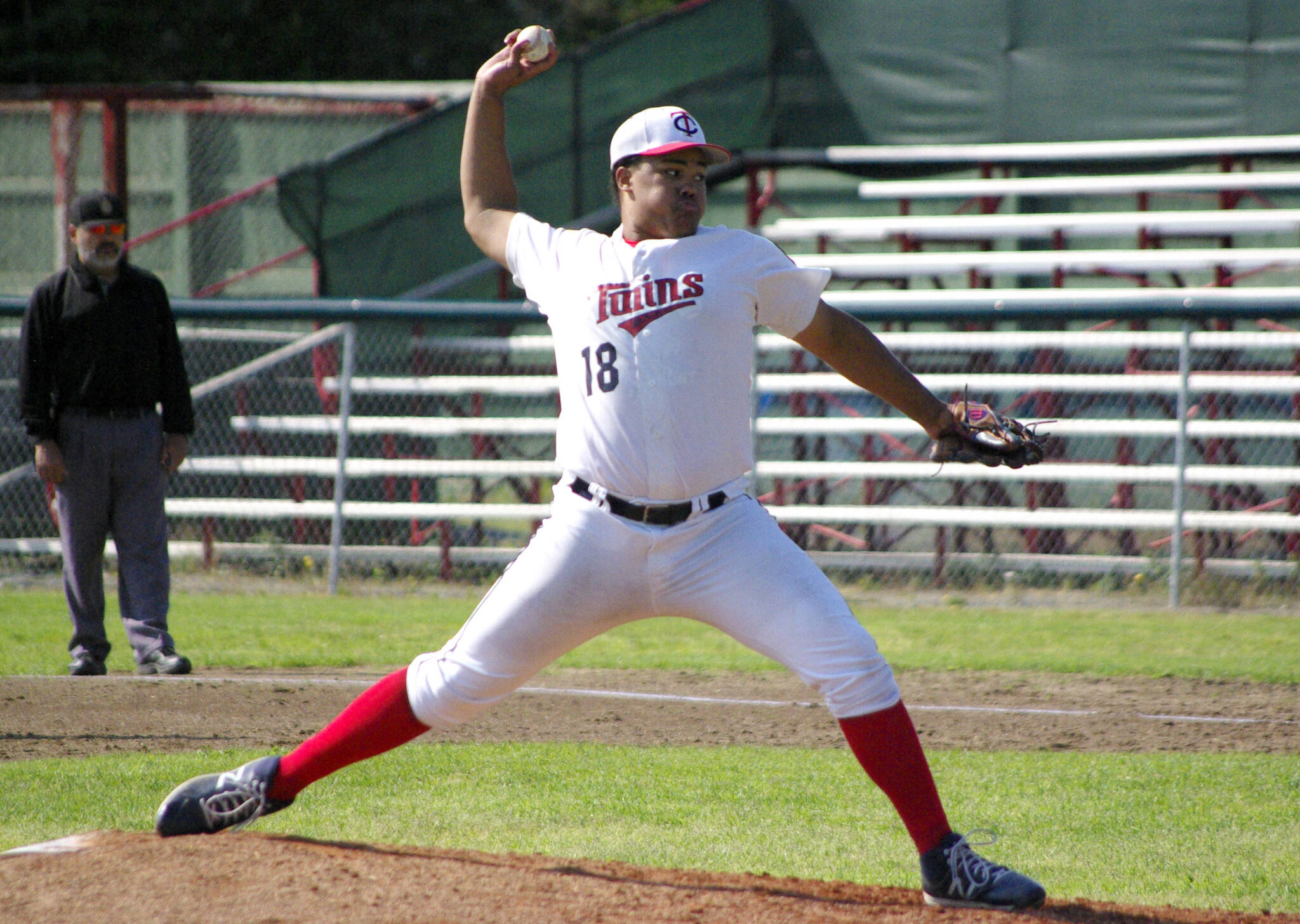 Atticus Gibson of the American Legion Post 20 Twins pitches a shutout against West on Thursday, July 14, 2022, at Coral Seymour Memorial Park in Kenai, Alaska. (Photo by Jeff Helminiak/Peninsula Clarion)