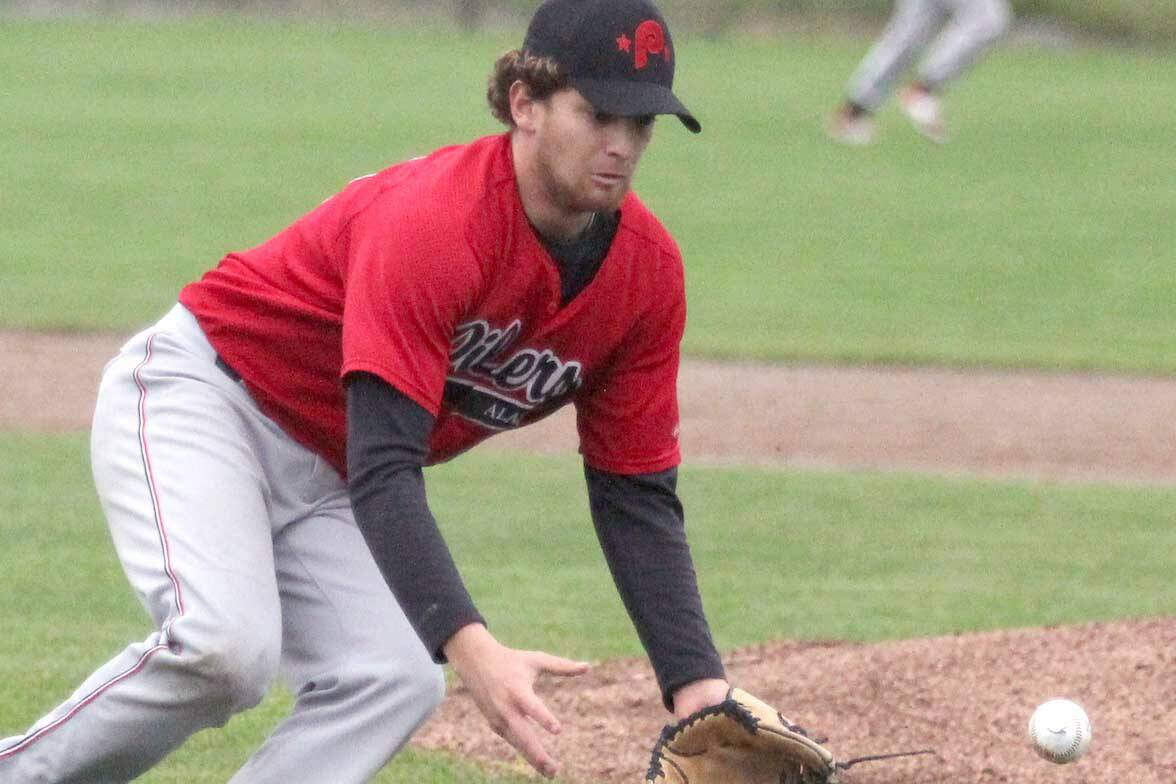 Peninsula Oilers pitcher Conner Kershaw fields a short ground ball against the Mat-Su Miners on Friday, July 15, 2022, at Hermon Brothers Field in Palmer, Alaska. (Photo by Jeremiah Bartz/Frontiersman)