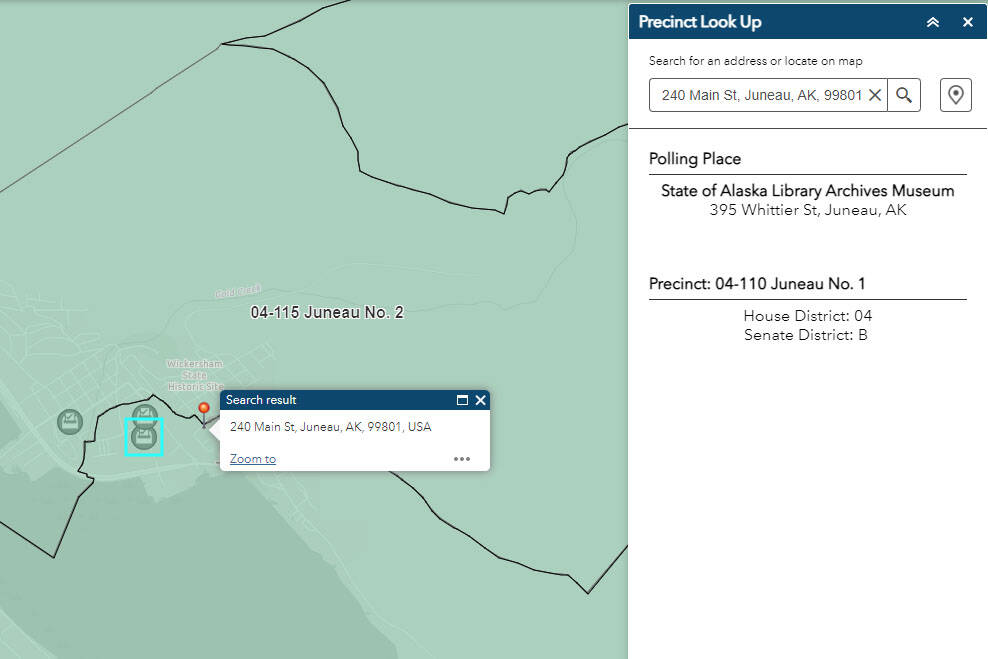 A new interactive map allows users to input their address and receive their polling location, precinct and new district. (Image via Alaska Division of Elections)