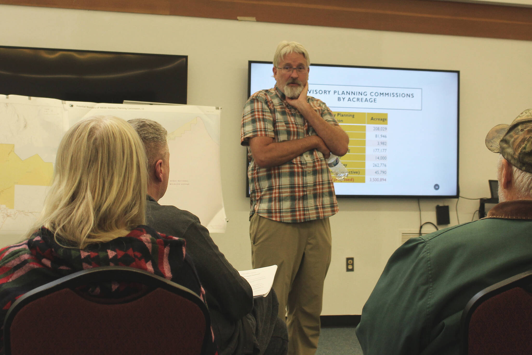 Robert Ruffner fields questions from attendees at a meeting to discuss the potential boundaries of a Nikiski Advisory Planning Commission at the Nikiski Community Recreation Center on Tuesday, July 19, 2022, in Nikiski, Alaska. (Ashlyn O’Hara/Peninsula Clarion)
