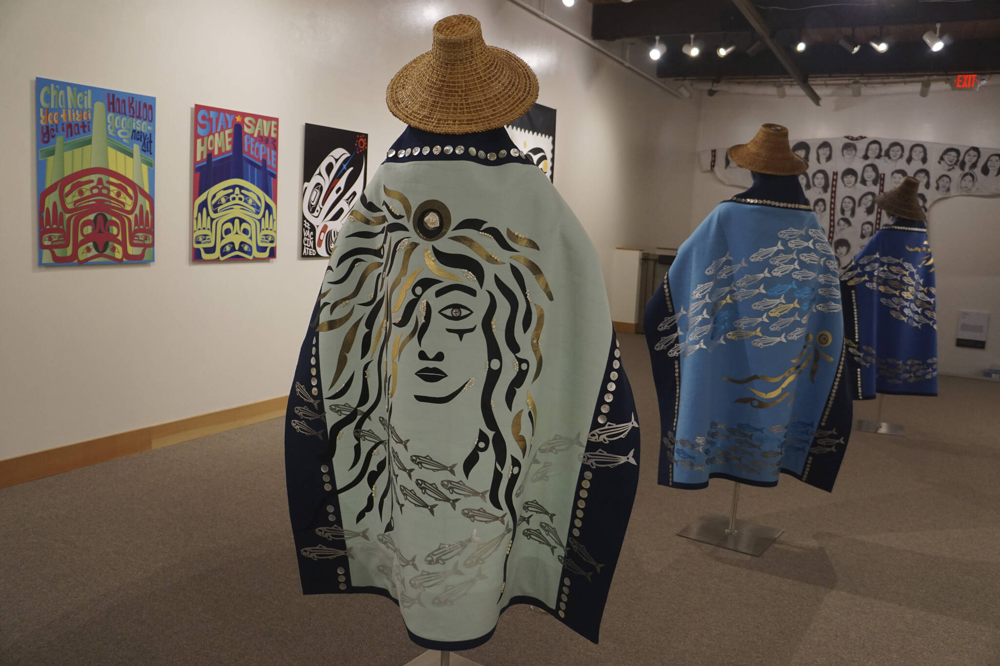Michael Armstrong / Homer News 
“Protection: Adaptation and Resistance” includes these robes, “Kaxhatjaa X’óow: Herring Protectors,” made by Káakaxaawulga/Jennifer Younger, K’asheechtlaa/Louise Brady and Carol Hughey. The show is on exhibit at the Pratt Museum & Park in Homer through Sept. 24.