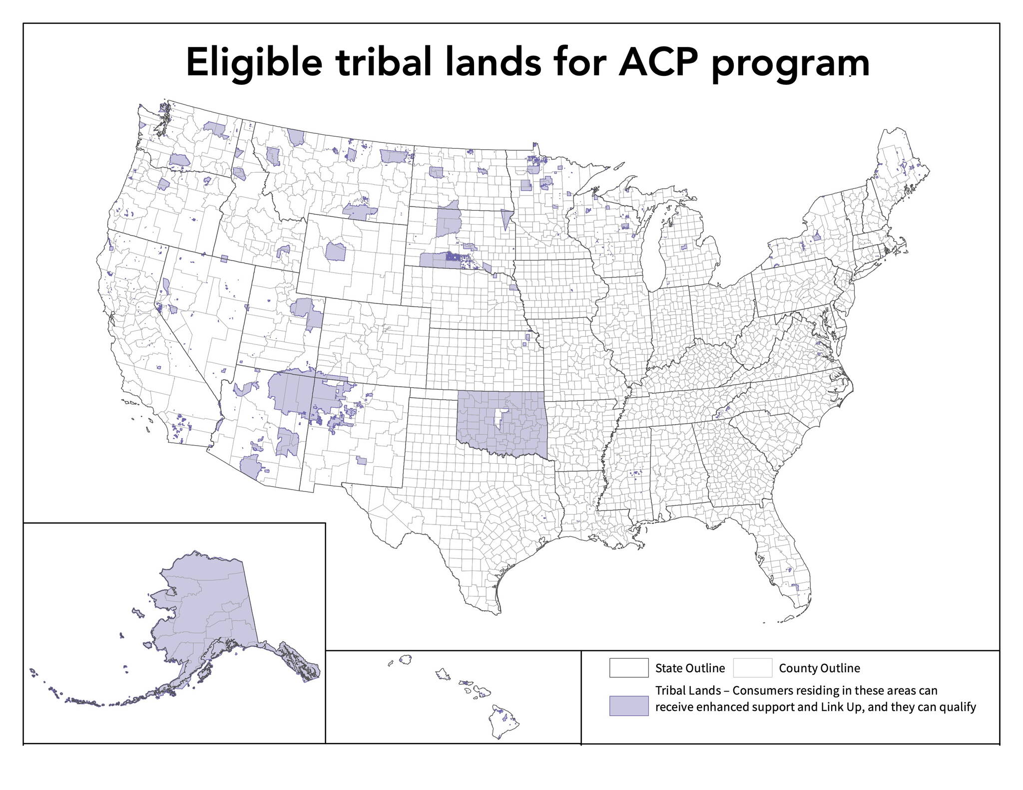 A map shows locations in the U.S. designated as tribal lands and thus eligible for higher benefits from the Affordable Connectivity Program. All of Alaska falls under that designation. (Courtesy Image / FCC)