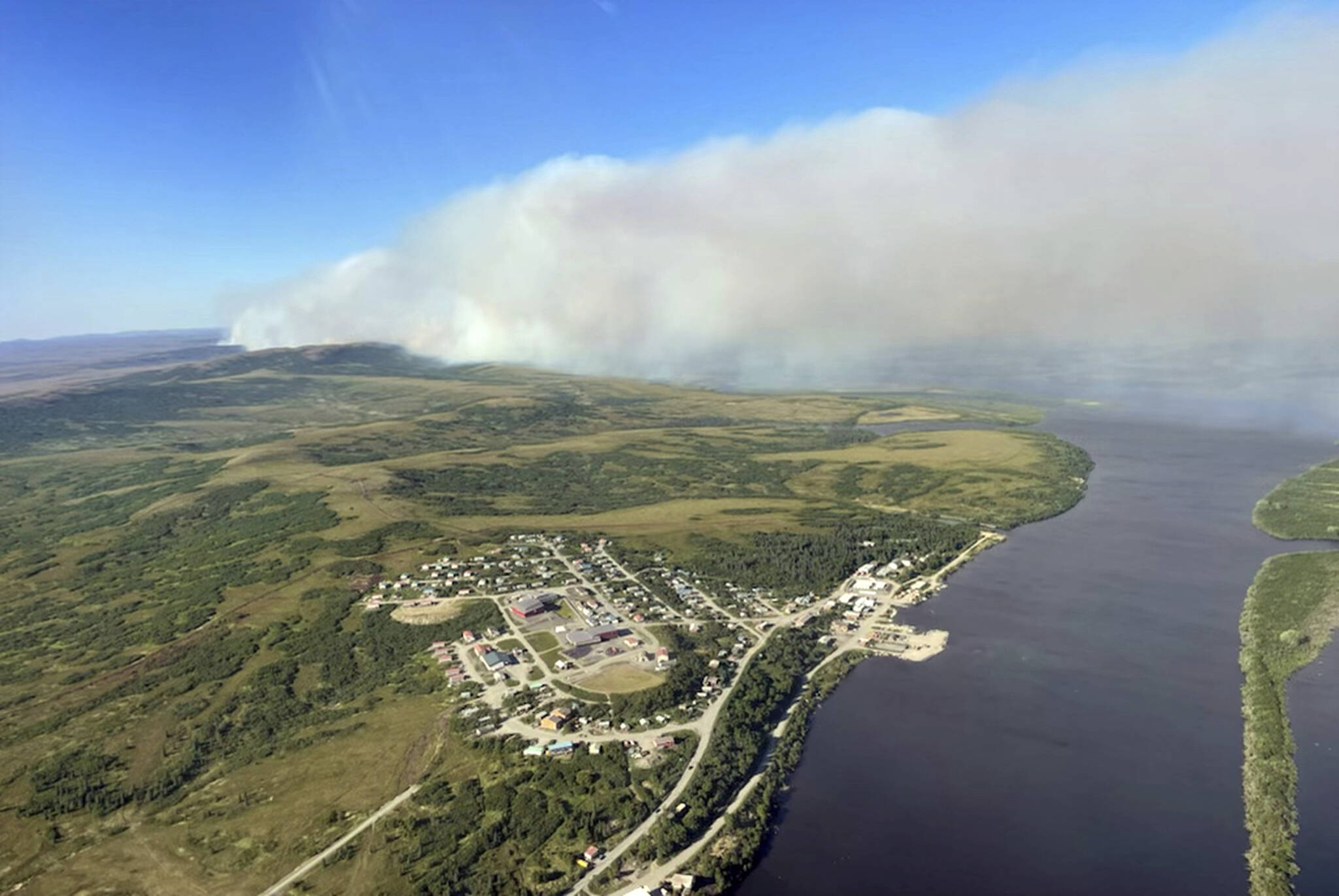 This aerial photo provided by the Bureau of Land Management Alaska Fire Service shows a tundra fire burning near the community of St. Mary’s, Alaska, on June 10, 2022. Alaska’s remarkable wildfire season includes over 530 blazes that have burned an area more than three times the size of Rhode Island, with nearly all the impacts, including dangerous breathing conditions from smoke, attributed to fires started by lightning. (Ryan McPherson/Bureau of Land Management Alaska Fire Service via AP, File)