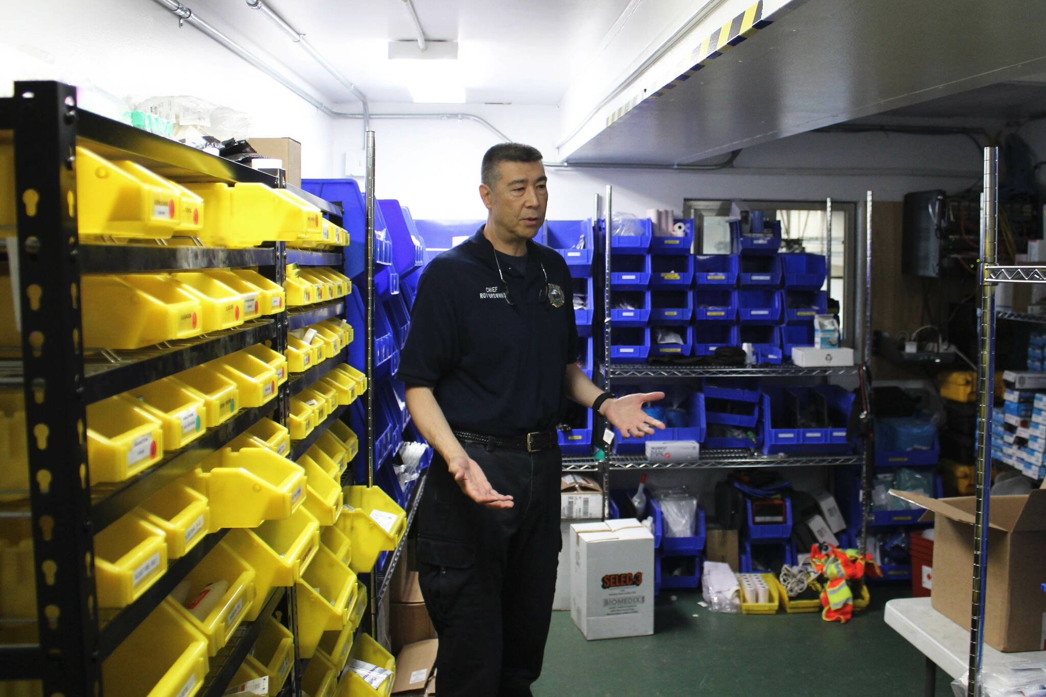 Central Emergency Services Fire Chief Roy Browning stands in the agency’s ambulance supply room on Tuesday, July 26, 2022, in Soldotna, Alaska. (Ashlyn O’Hara/Peninsula Clarion)