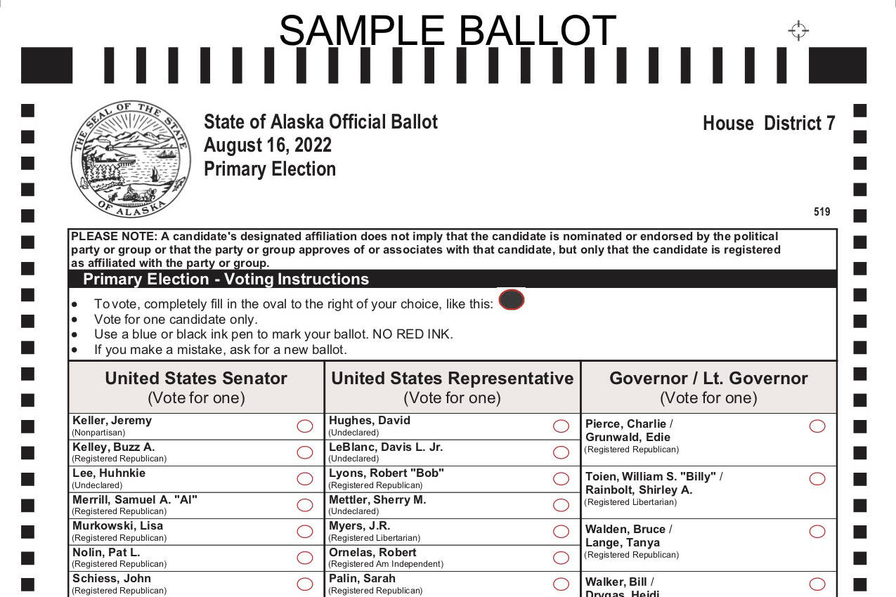 A sample ballot for the Aug. 16, 2022, Alaska regular primary election for House District 7. (Courtesy Alaska Division of Elections)