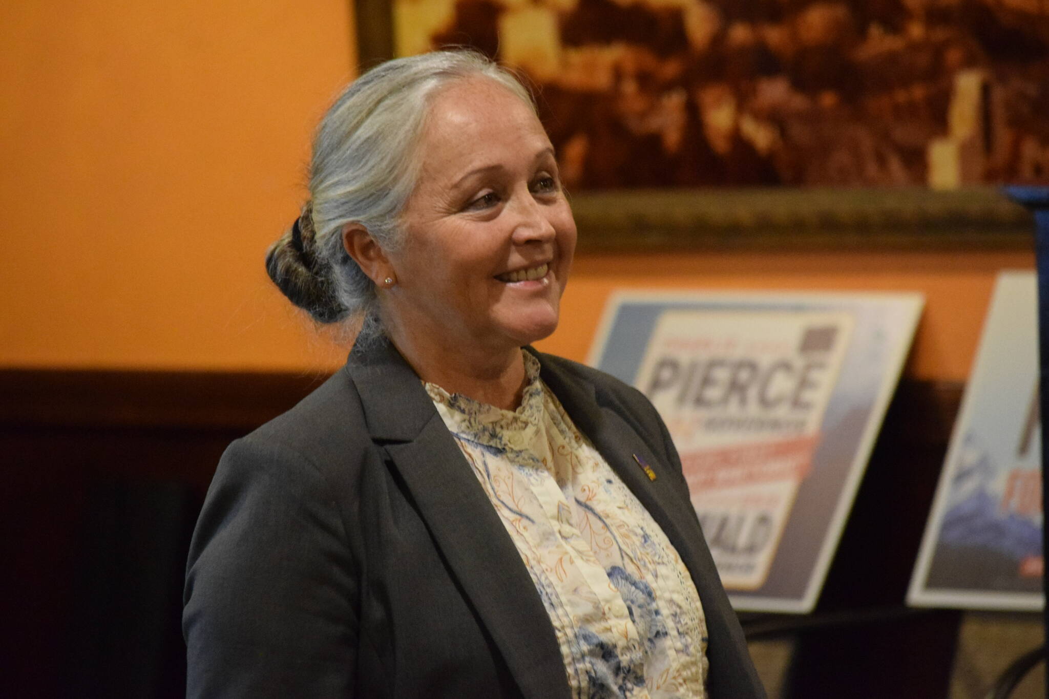 Lieutenant governor candidate Edie Grunwald speaks at a Charlie Pierce campaign event at Paradisos restaurant in Kenai on Saturday, March 5, 2022. (Camille Botello/Peninsula Clarion)