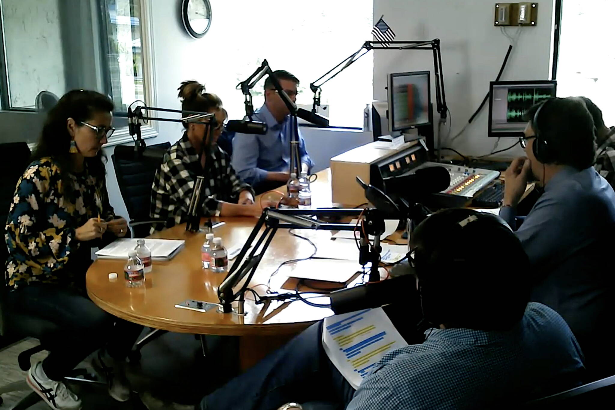 Congressional candidates Mary Peltola, left, Sarah Palin and Nick Begich III discuss Southeast Alaska and other issues during a midday forum Monday hosted by KINY radio. The three candidates are the finalists for the special election Aug. 16 fill the remainder of the late Rep. Don Young’s term and also are competing in the primary for the general election on that date. (Screenshot / KINY radio webcast)