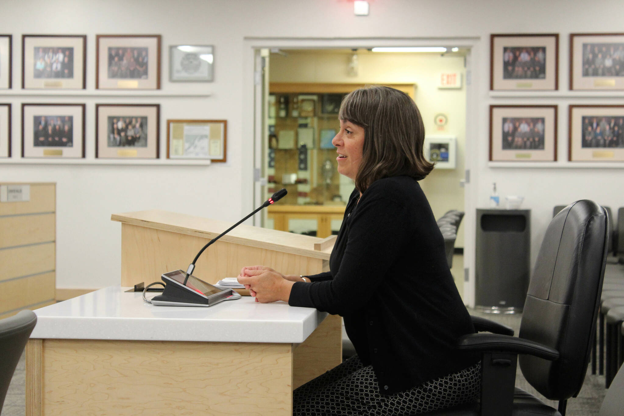 Kenai Peninsula Educational Support Association President Susanna Litwiniak testifies in support of two memorandums of agreement during a meeting of the Kenai Penisula Borough School District Board of Education on Monday, Aug. 1, 2022, in Soldotna, Alaska. (Ashlyn O’Hara/Peninsula Clarion)