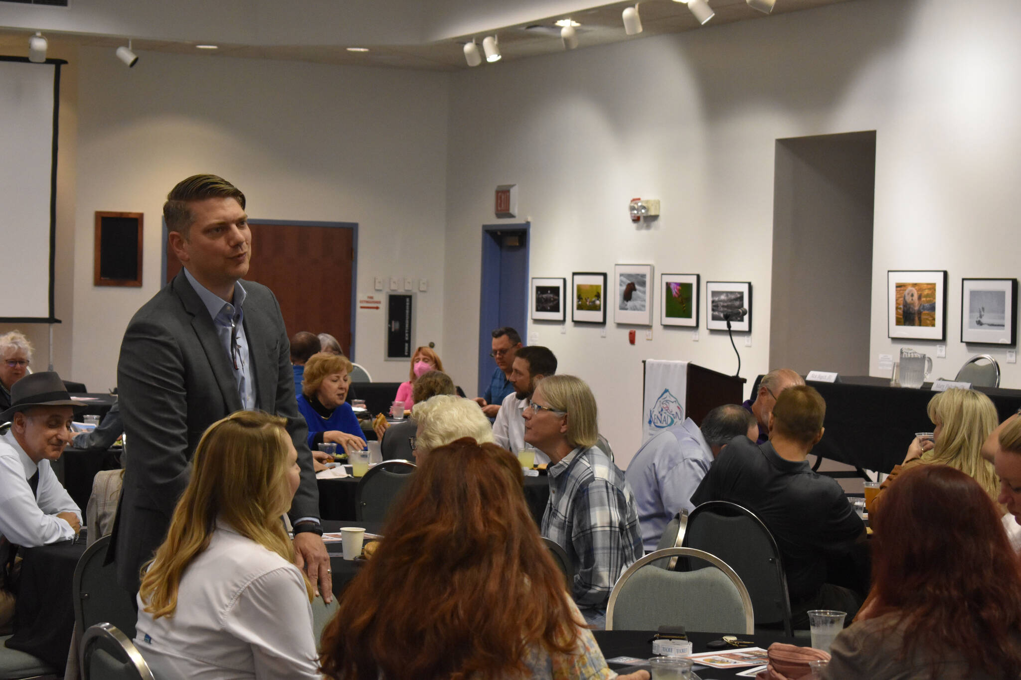 Nick Begich speaks to members of the Kenai and Soldotna Chambers of Commerce before a candidate forum on Aug. 3, 2022, in Kenai, Alaska. (Peninsula Clarion/Jake Dye)