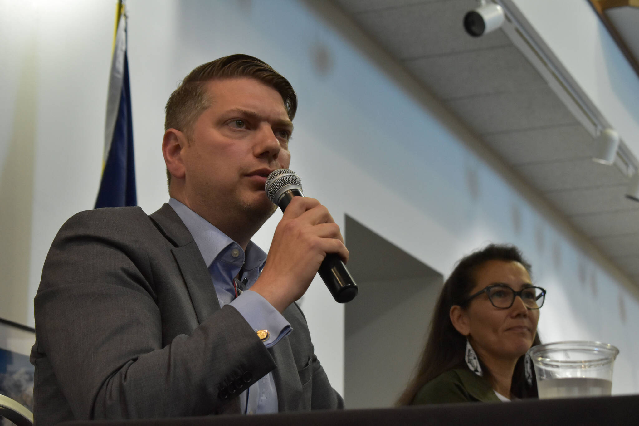 Nick Begich and Mary Peltola answer questions at a candidate forum at the Kenai Visitor Center on Aug. 3, 2022 in Kenai, Alaska. (Peninsula Clarion/Jake Dye)