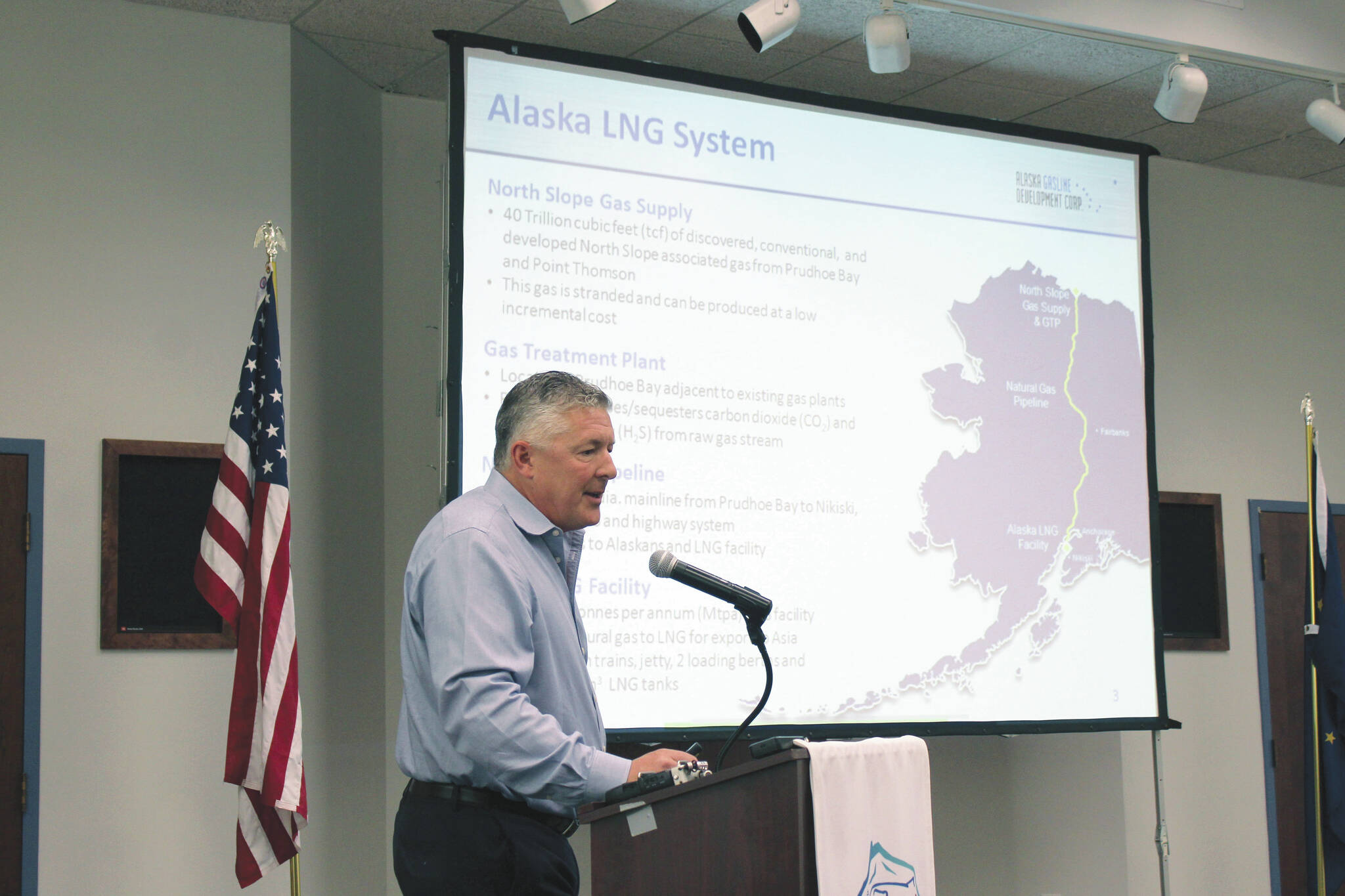 Ashlyn O’Hara / Peninsula Clarion file 
Alaska LNG Project Manager Brad Chastain presents information about the project during a luncheon at the Kenai Chamber Commerce and Visitor Center on July 6.