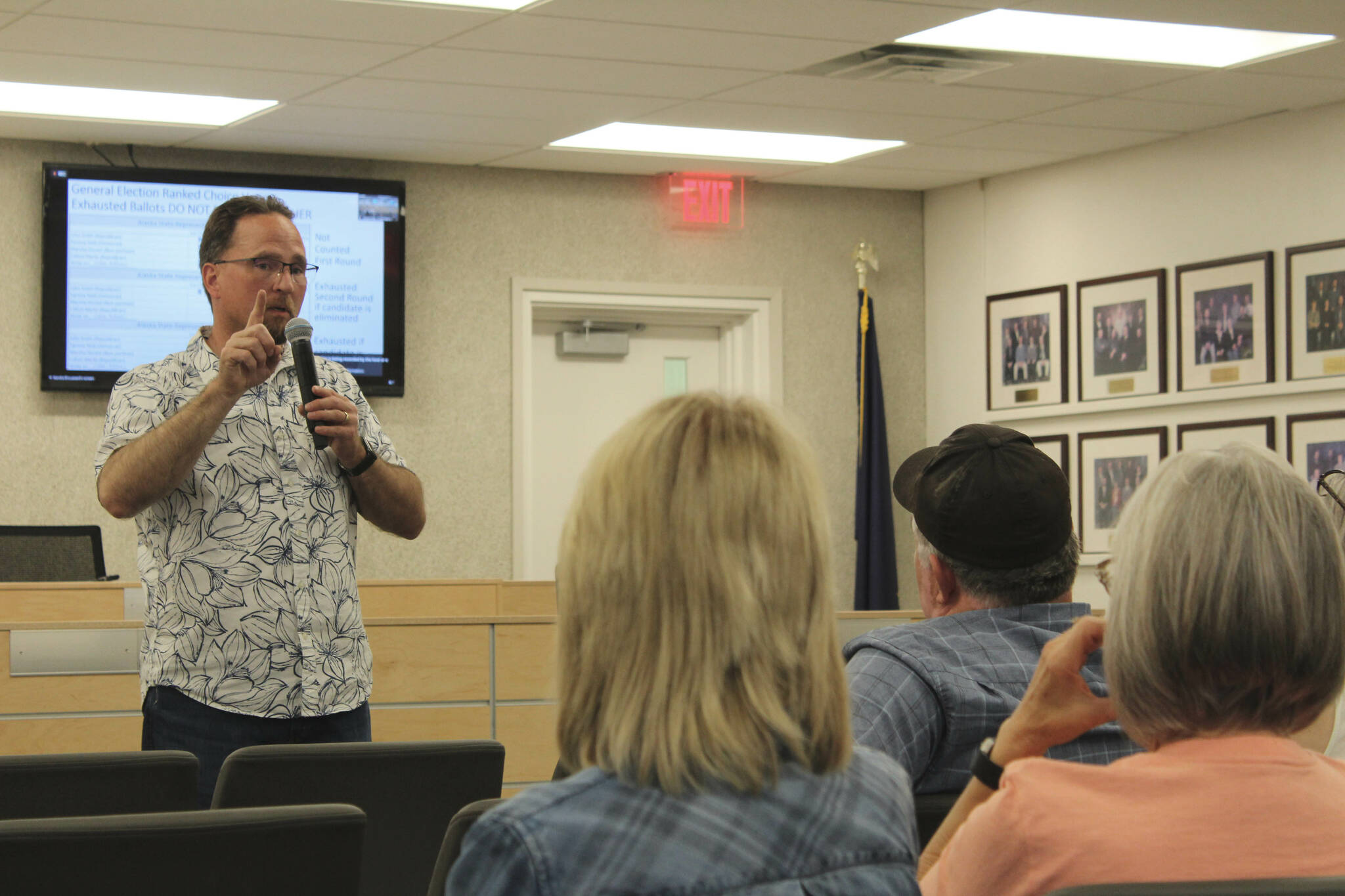 Rep. Ben Carpenter, R-Nikiski, leads an informational town hall about ranked choice voting inside the Betty J. Glick Assembly Chambers on Thursday, Aug. 4, 2022 in Soldotna, Alaska. (Ashlyn O’Hara/Peninsula Clarion)
