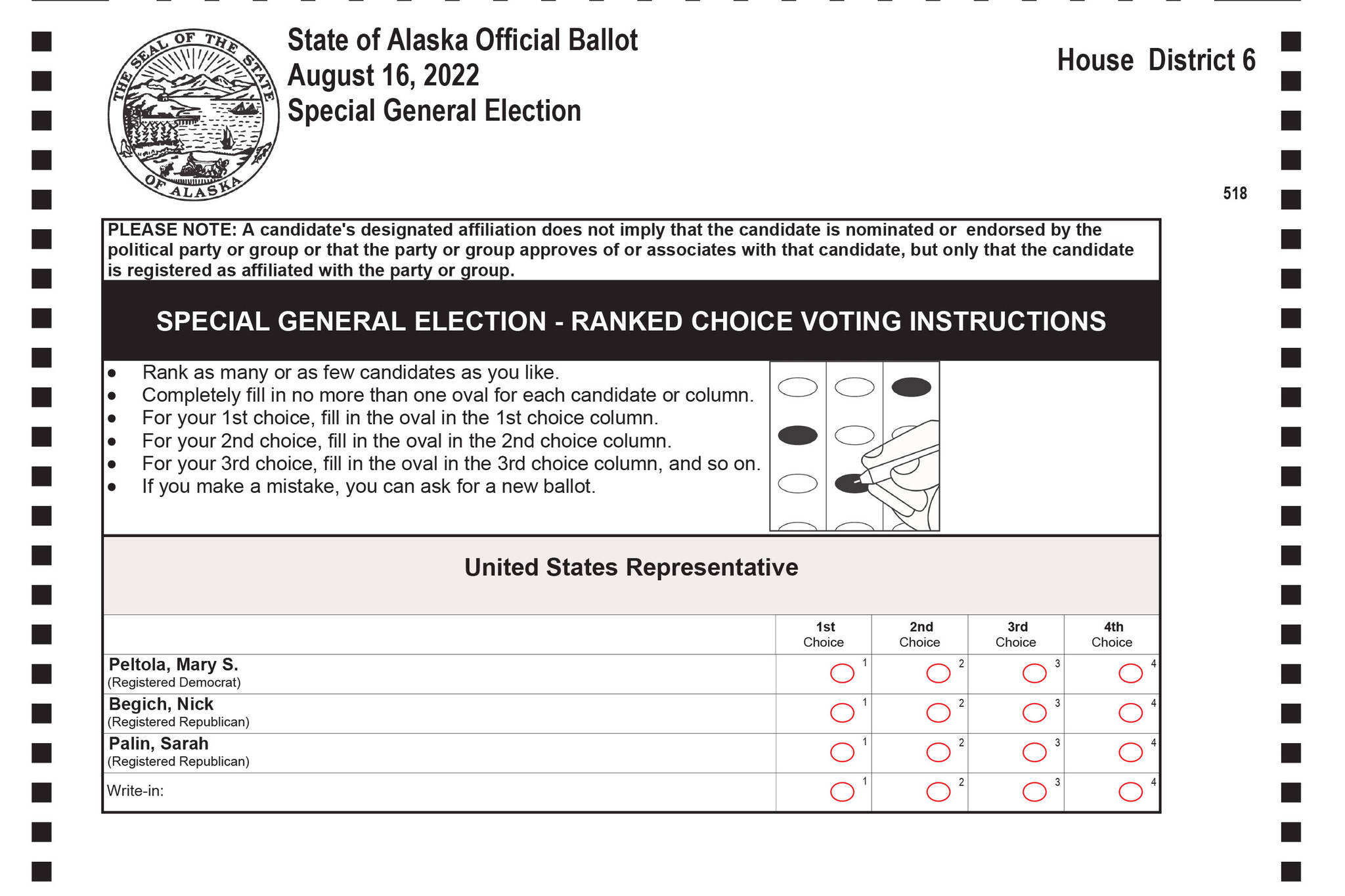 The offical ballot for the Aug. 16, 2022, Special General Election features ranked choice voting. (State of Alaska Divison of Elections)