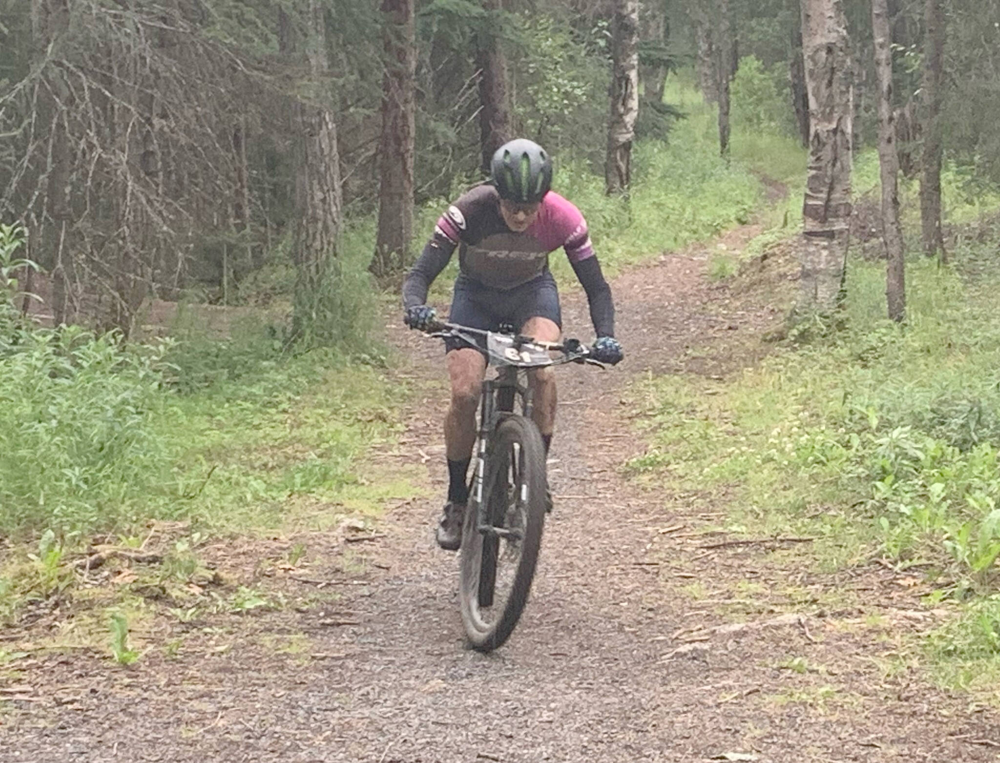 Anchorage’s Will Ross rides to victory in the Soggy Bottom 100 on Saturday, Aug. 6, 2022, on Alaska’s Kenai Peninsula. (Photo provided by Angela DiBeradino)