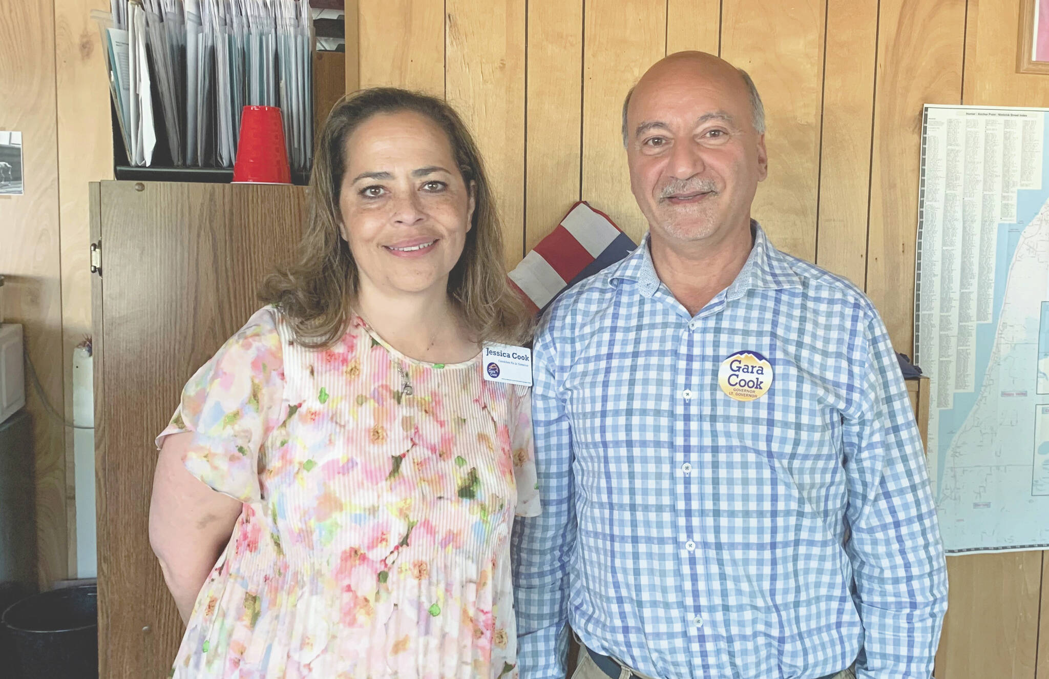 Jessica Cook, left, and Les Gara stand in the Peninsula Clarion’s offices on Thursday, June 30, 2022, in Kenai, Alaska. (Ashlyn O’Hara/Peninsula Clarion)