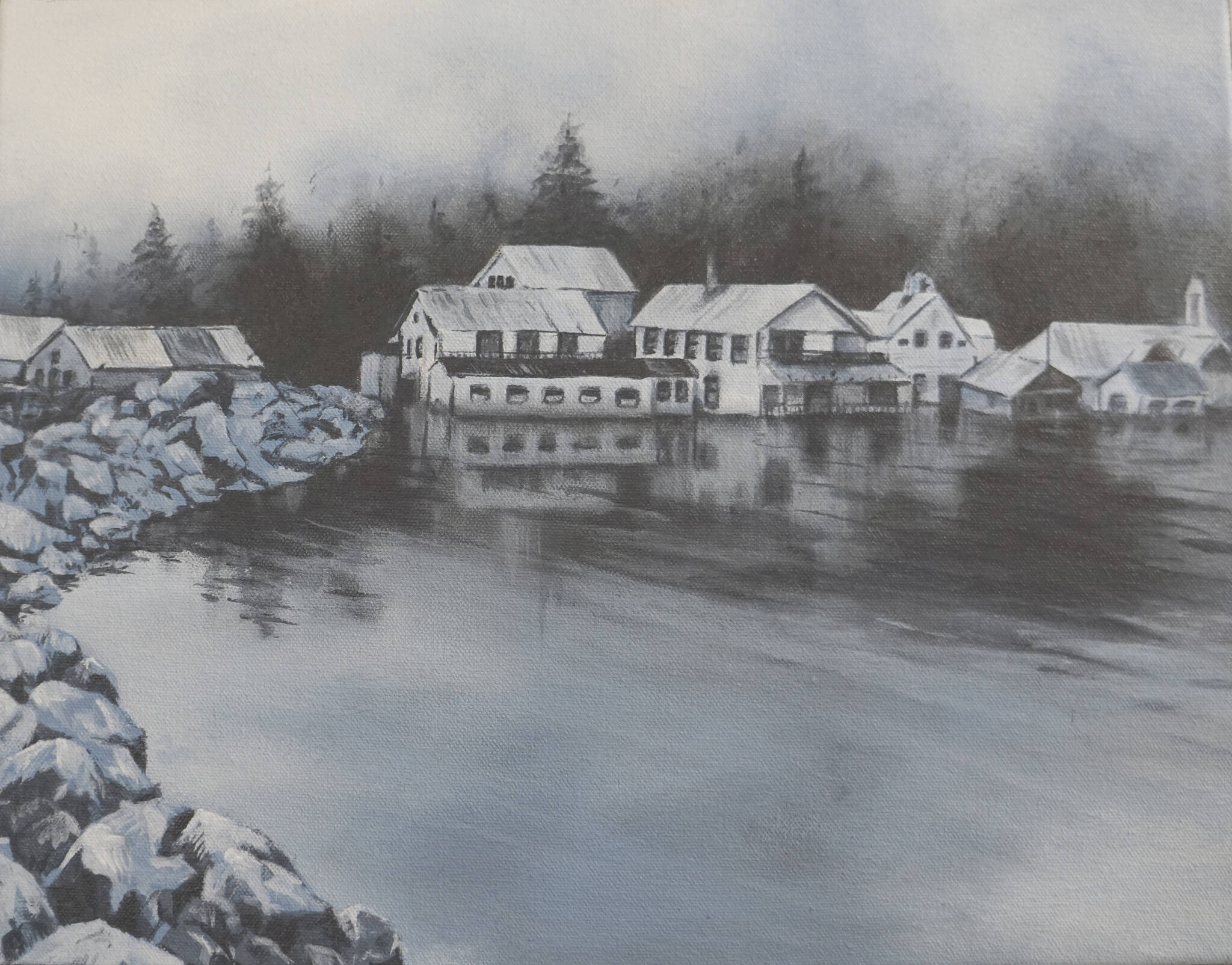 Kate Lochridge’s historical painting of Seldovia, Alaska, shows the old boardwalk after it got flooded by high tides after the 1964 Great Alaska Earthquake. Another painting shows the town before the high tide. (Photo by MIchael Armstrong/Homer News)