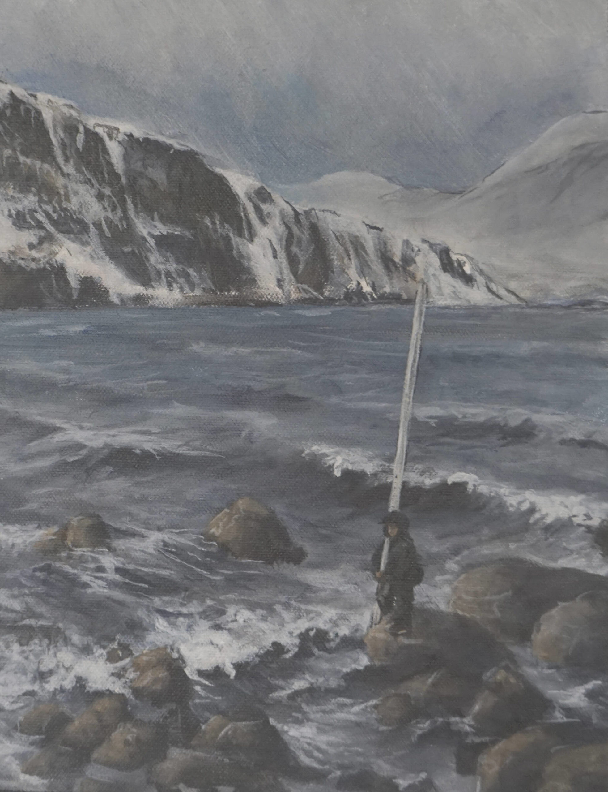 Kate Lochridge’s painting shows a surveyor with JOA Surveys LLC of Alaska taking tidal measurements. (Photo by MIchael Armstrong/Homer News)
