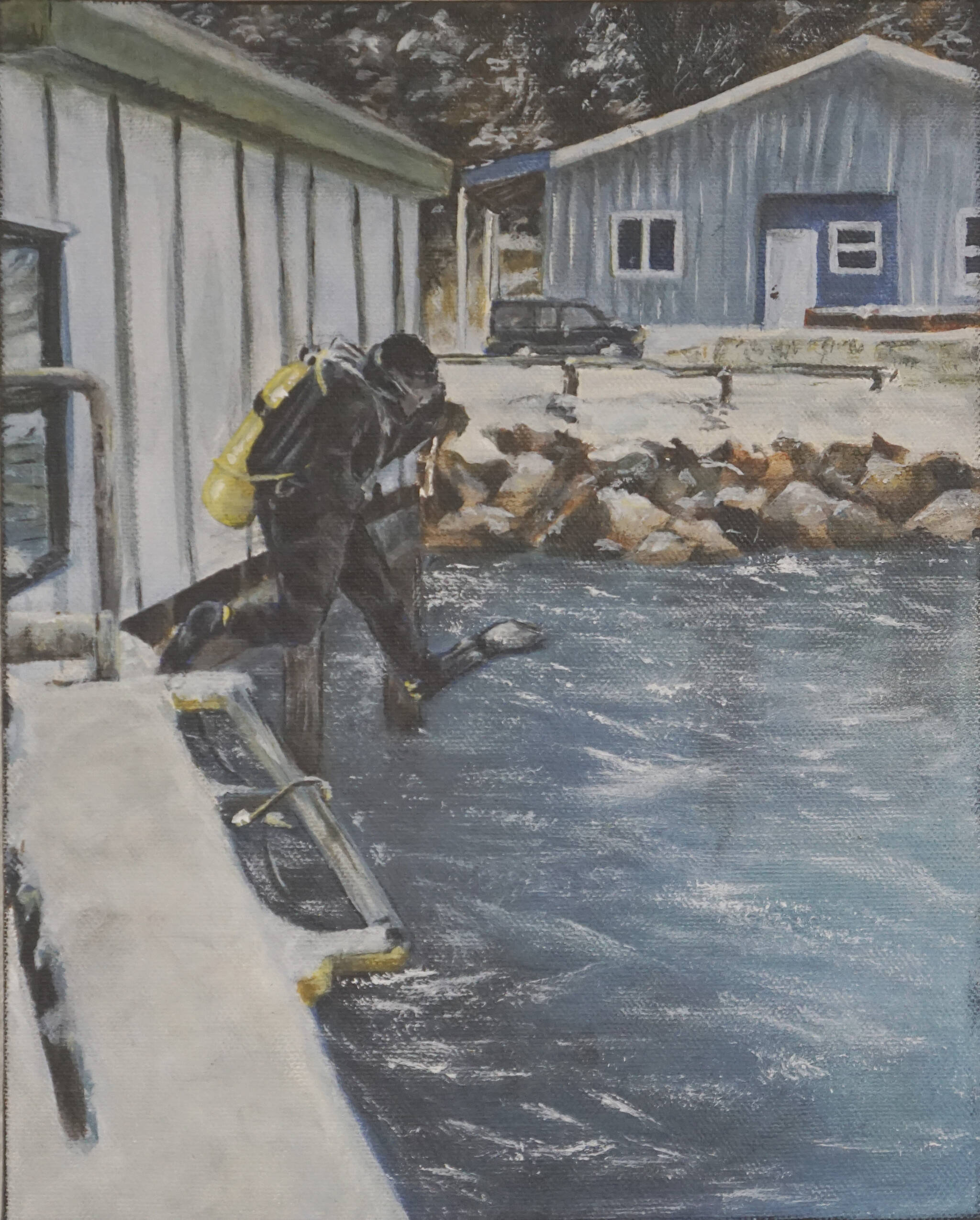 Kate Lochridge’s painting shows a scuba diver checking on a tidal gauge in Seldovia, Alaska. (Photo by MIchael Armstrong/Homer News)