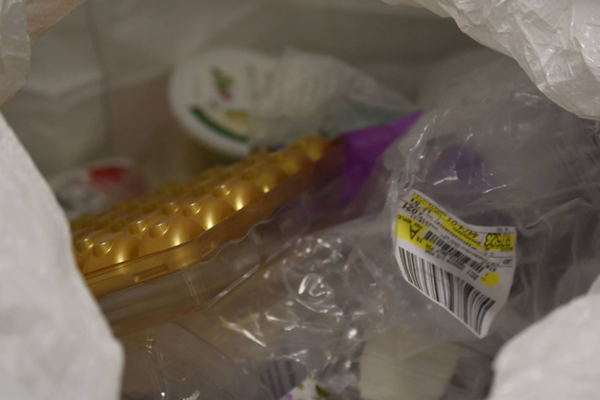 Contents of a recycling super sack at the Cook Inletkeeper Community Action Studio in Soldotna, Alaska, on Aug. 11, 2022. (Jake Dye/Peninsula Clarion)