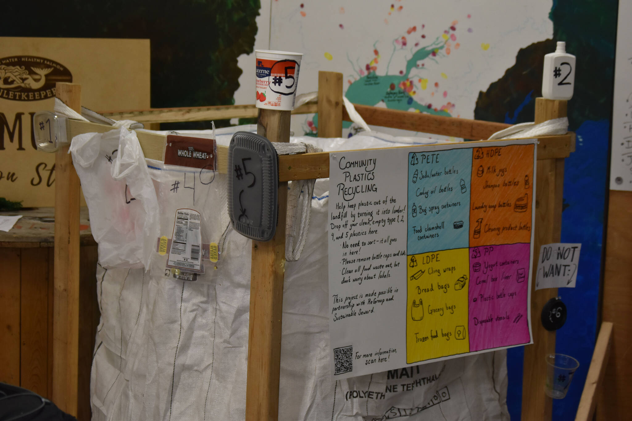 Signs and examples on the recycling super sack at the Cook Inletkeeper Community Action Studio show which plastics are desired as part of the project in Soldotna, Alaska, on Aug. 11, 2022. Plastics from types 1, 2, 4 and 5 can be deposited.(Jake Dye/Peninsula Clarion)