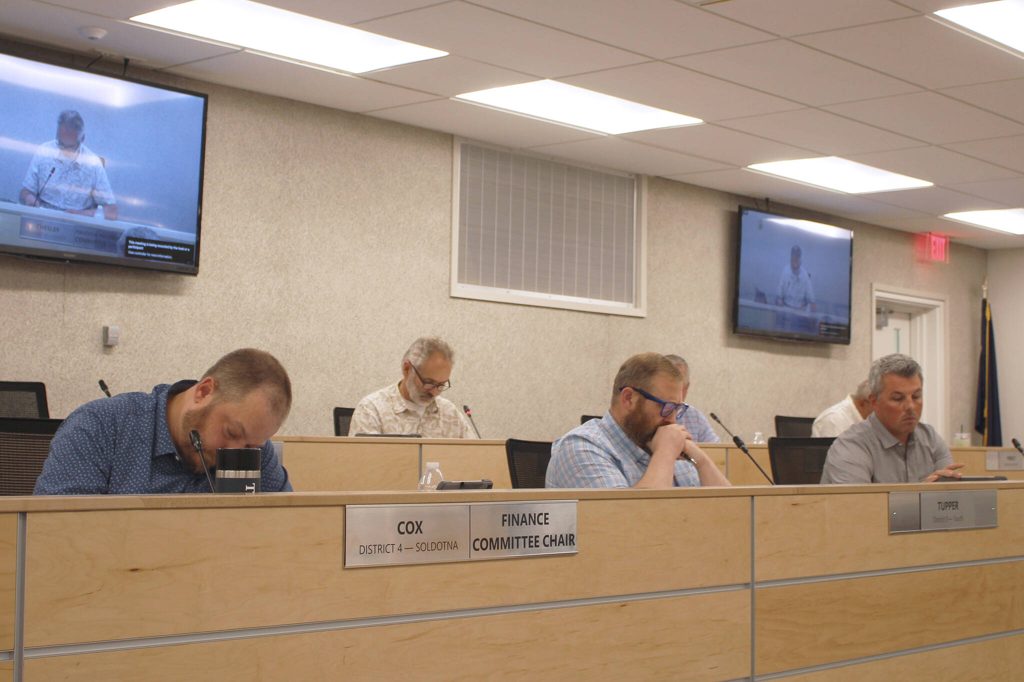 Assembly members participate during a meeting of the Kenai Peninsula Borough Assembly on Tuesday, June 21, 2022, in Soldotna, Alaska. (Ashlyn O’Hara/Peninsula Clarion)