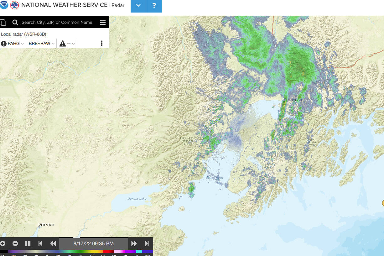 National Weather Service radar for the Kenai Peninsula and Southcentral Alaska on Aug. 17, 2022. (Screenshot)