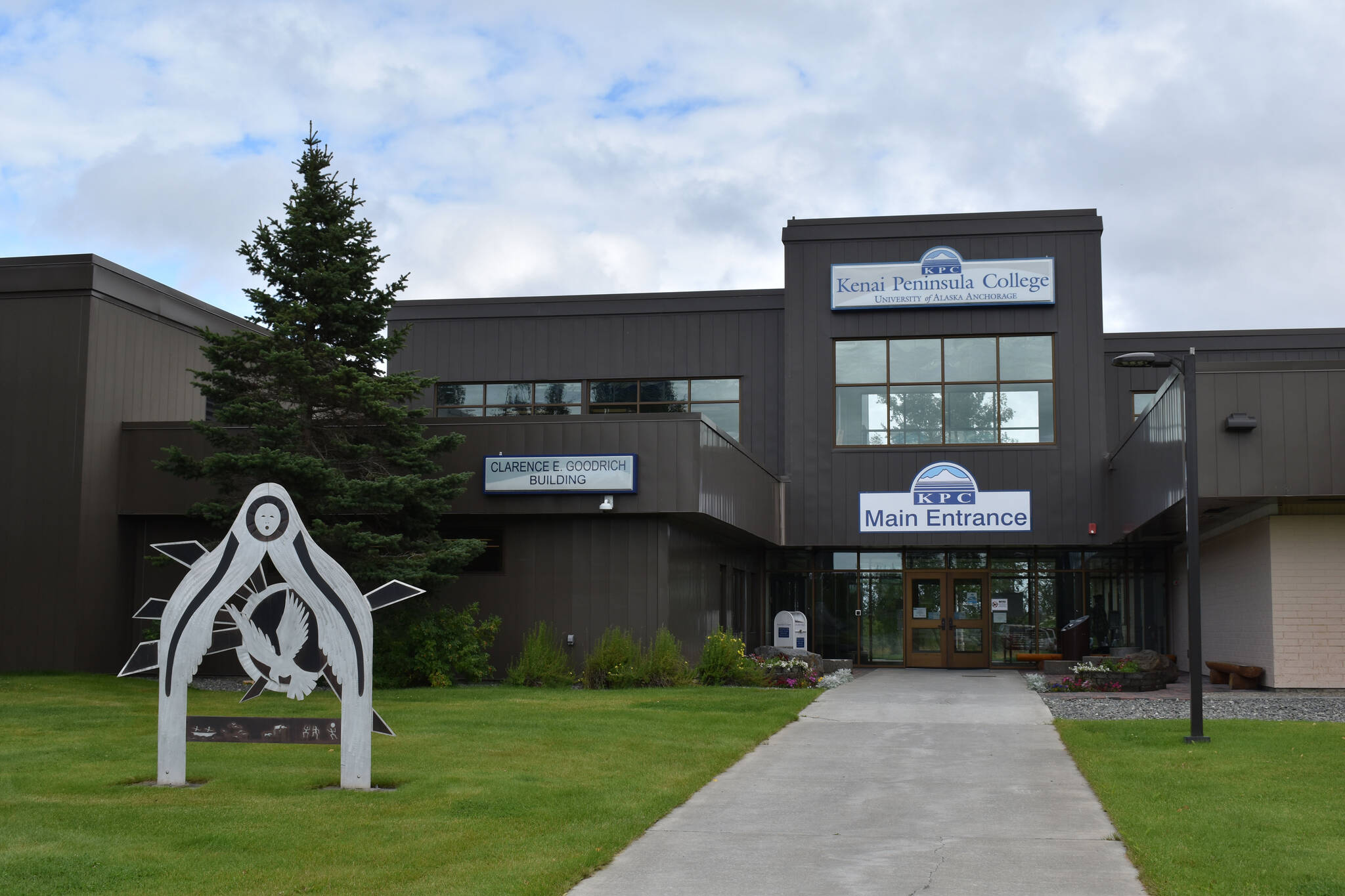 The Kenai Peninsula College Main Entrance on Aug. 18, 2022 in Soldotna, Alaska. (Jake Dye/Peninsula Clarion)