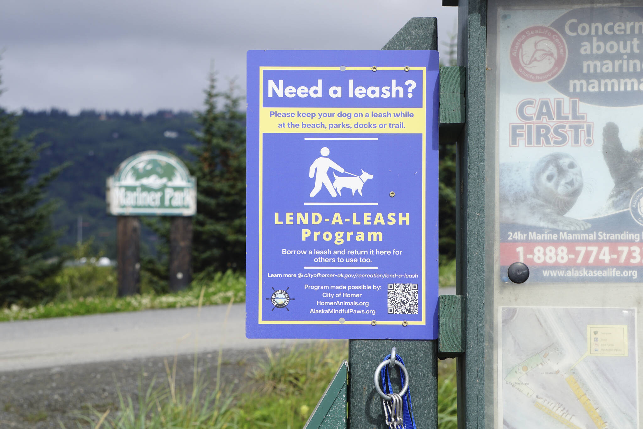 Leashes to lend hang from a kiosk at Mariner Park on Friday, Aug. 12, 2022, in Homer, Alaska. (Photo by Michael Armstrong/Homer News)