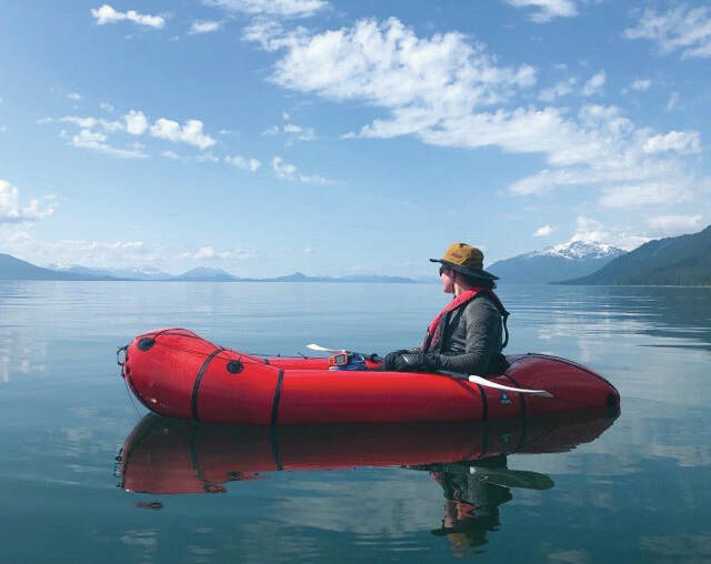 Photo courtesy Owen Squires 
Steven Ireland-Haight sits in his retired packraft early on in his yearlong trip to paddle and walk from Juneau to Washington, D.C., to raise money and awareness about climate change.