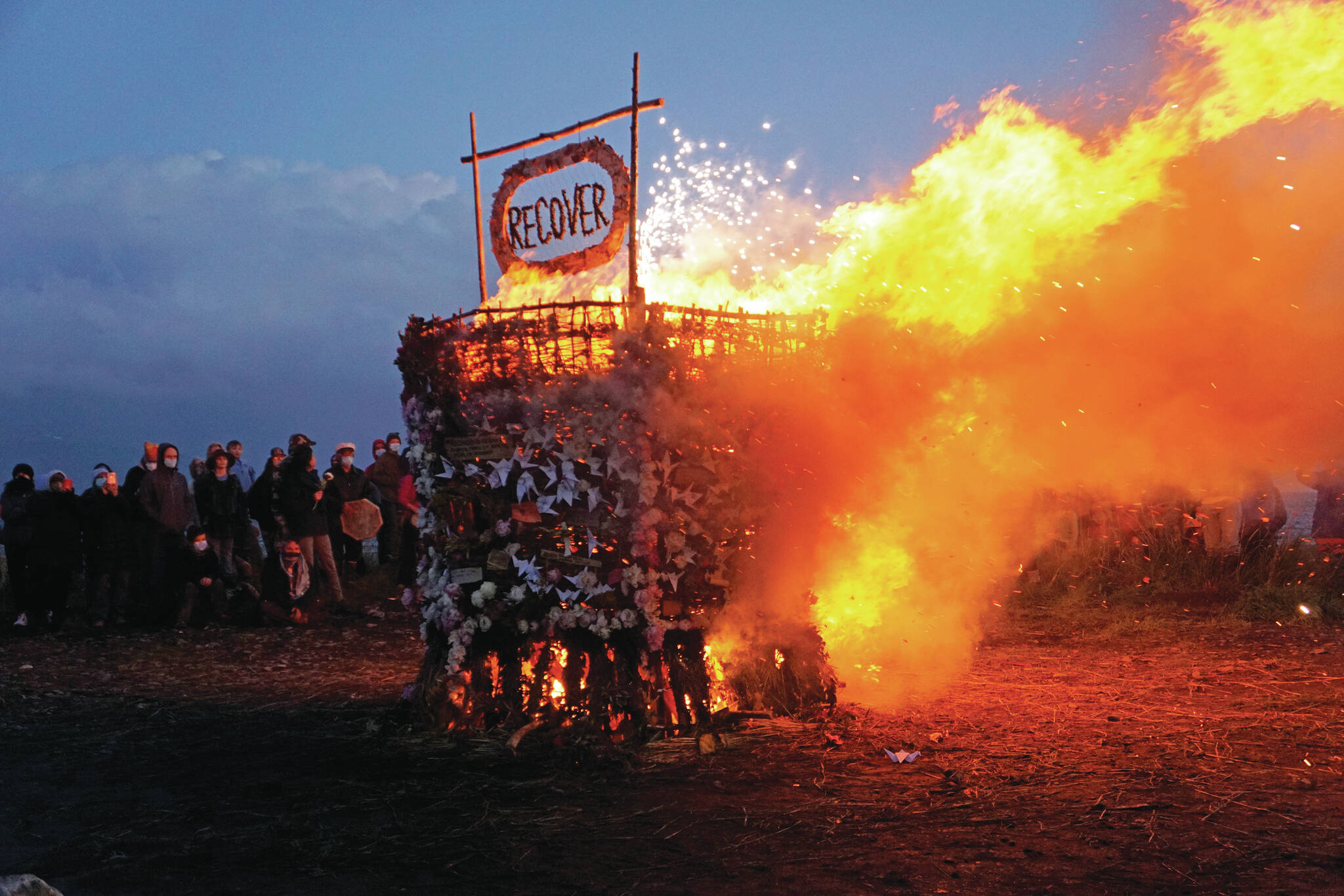 Recover, the 18th annual Burning Basket, starts to burn on Sunday, Sept. 12, 2021, at Mariner Park on the Homer Spit in Homer, Alaska. (Photo by Michael Armstrong/Homer News)