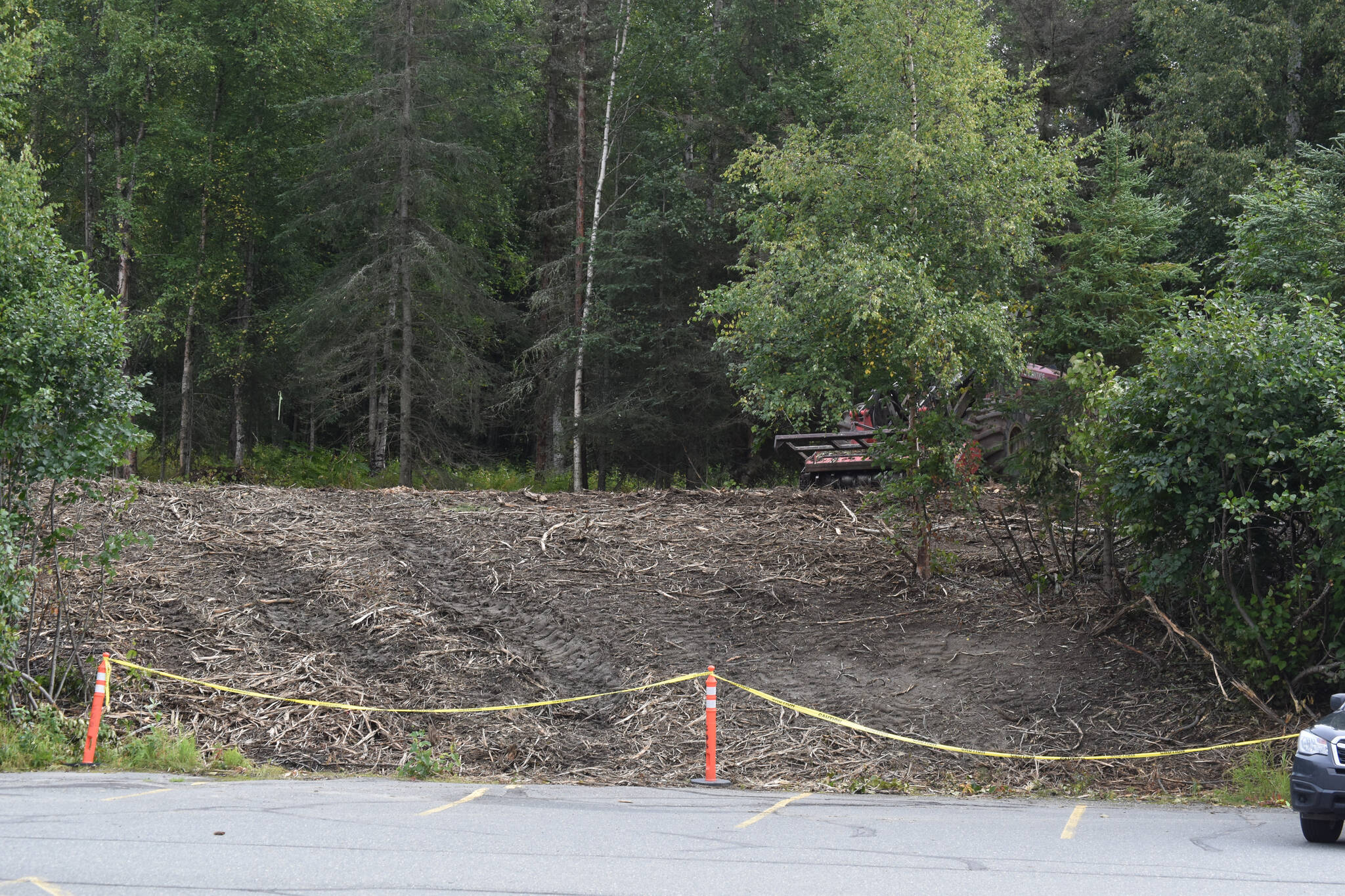 The construction site for the new maintenance building at Tsalteshi Trail, immediately above the pool parking lot at Skyview Middle School on Aug. 29, 2022, in Soldotna, Alaska. (Jake Dye/Peninsula Clarion)