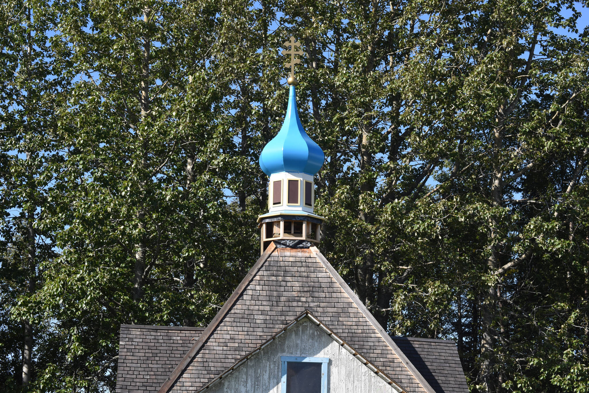 A renovated cupola was restored onto the Saint Nicholas Chapel in Kenai, Alaska on Aug. 29, 2022. (Jake Dye/Peninsula Clarion)