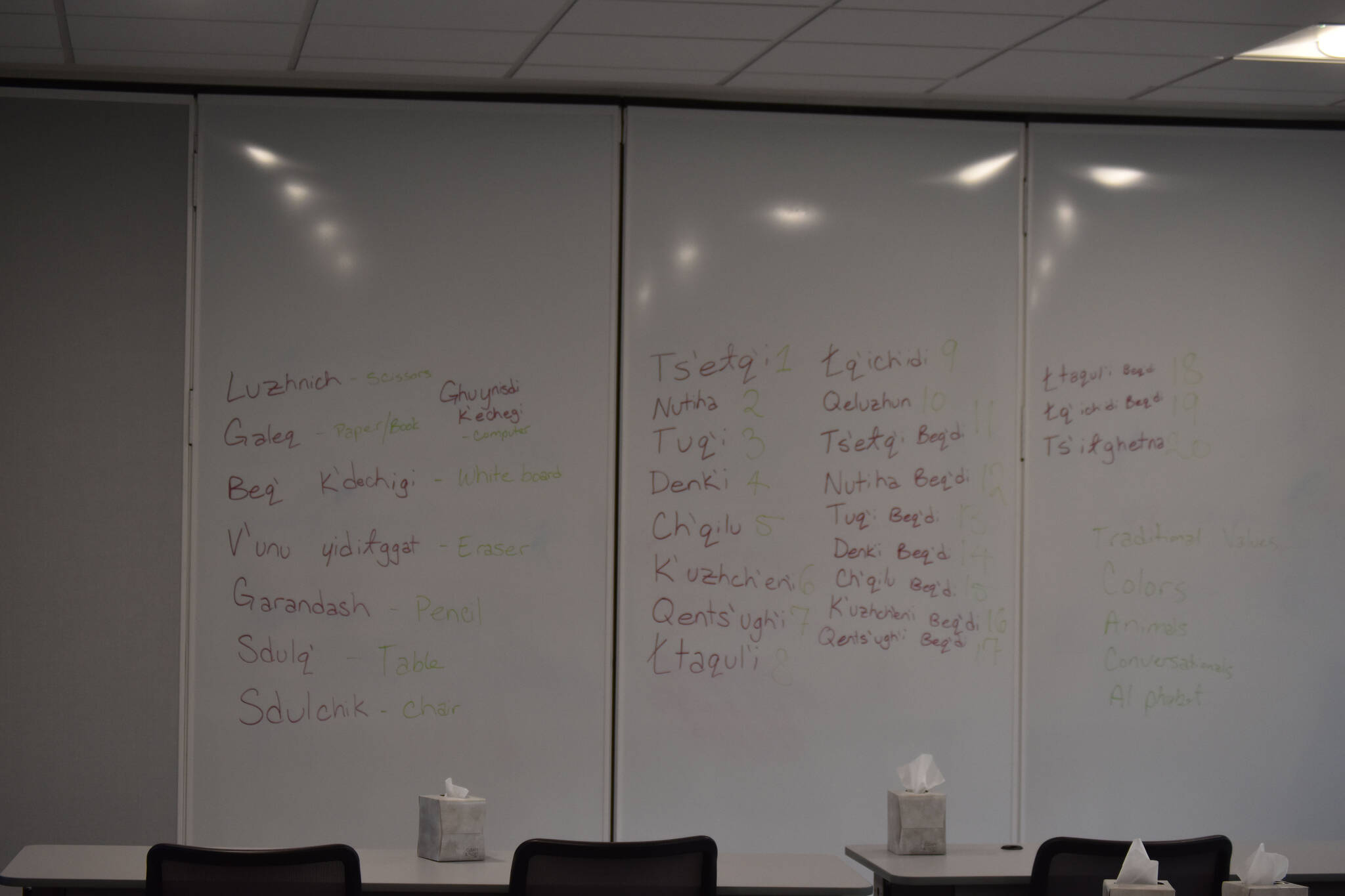 Dena’ina language relating to common classroom items is written on a white board at the Kahtnuht’ana Duhdeldiht Campus in Kenai, Alaska, on Thursday, Sept. 1, 2022. (Jake Dye/Peninsula Clarion)