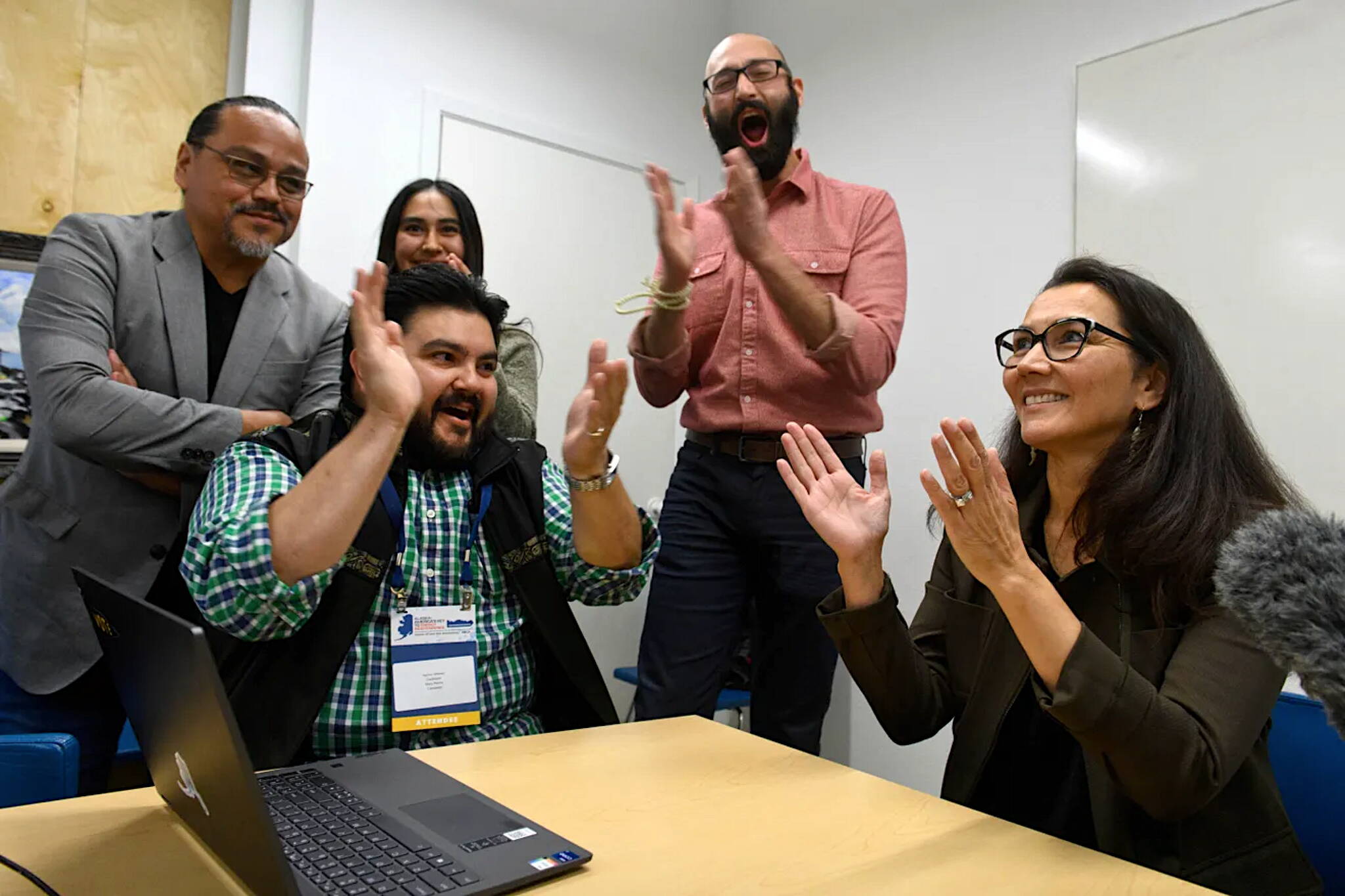 Mary Peltola celebrates her win in the U.S. after results are announced for the special election in which she won the race for Alaska’s lone seat in the U.S. House of Representatives on Wednesday, Aug. 31, 2022, in Anchorage, Alaska. (Marc Lester/AP)