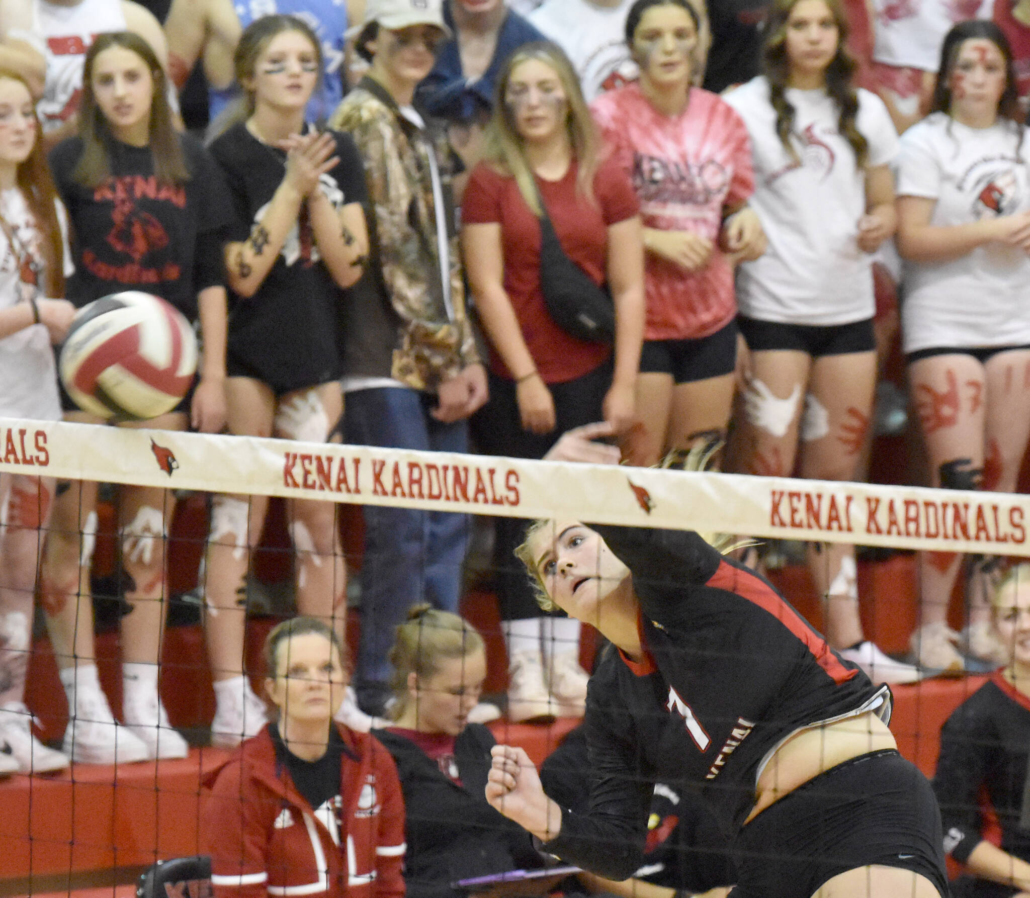 Kenai Central's Emma Beck attacks against Nome on Thursday, Sept. 1, 2022, at Kenai Central High School in Kenai, Alaska. (Photo by Jeff Helminiak/Peninsula Clarion)