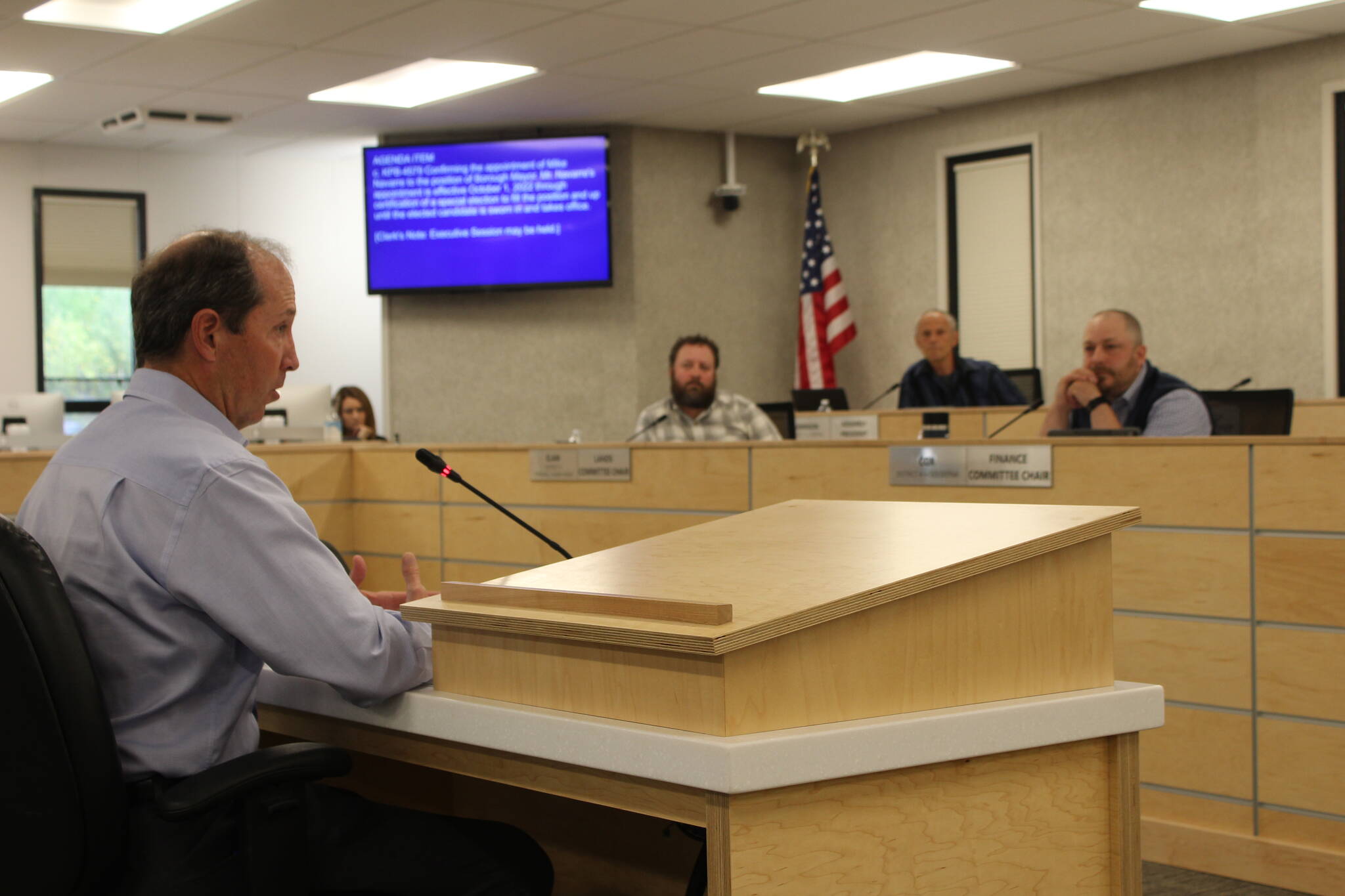 Mike Navarre testifies before the Kenai Peninsula Borough Assembly on Tuesday, Sept. 6, 2022, in Soldotna, Alaska. (Ashlyn O’Hara/Peninsula Clarion)