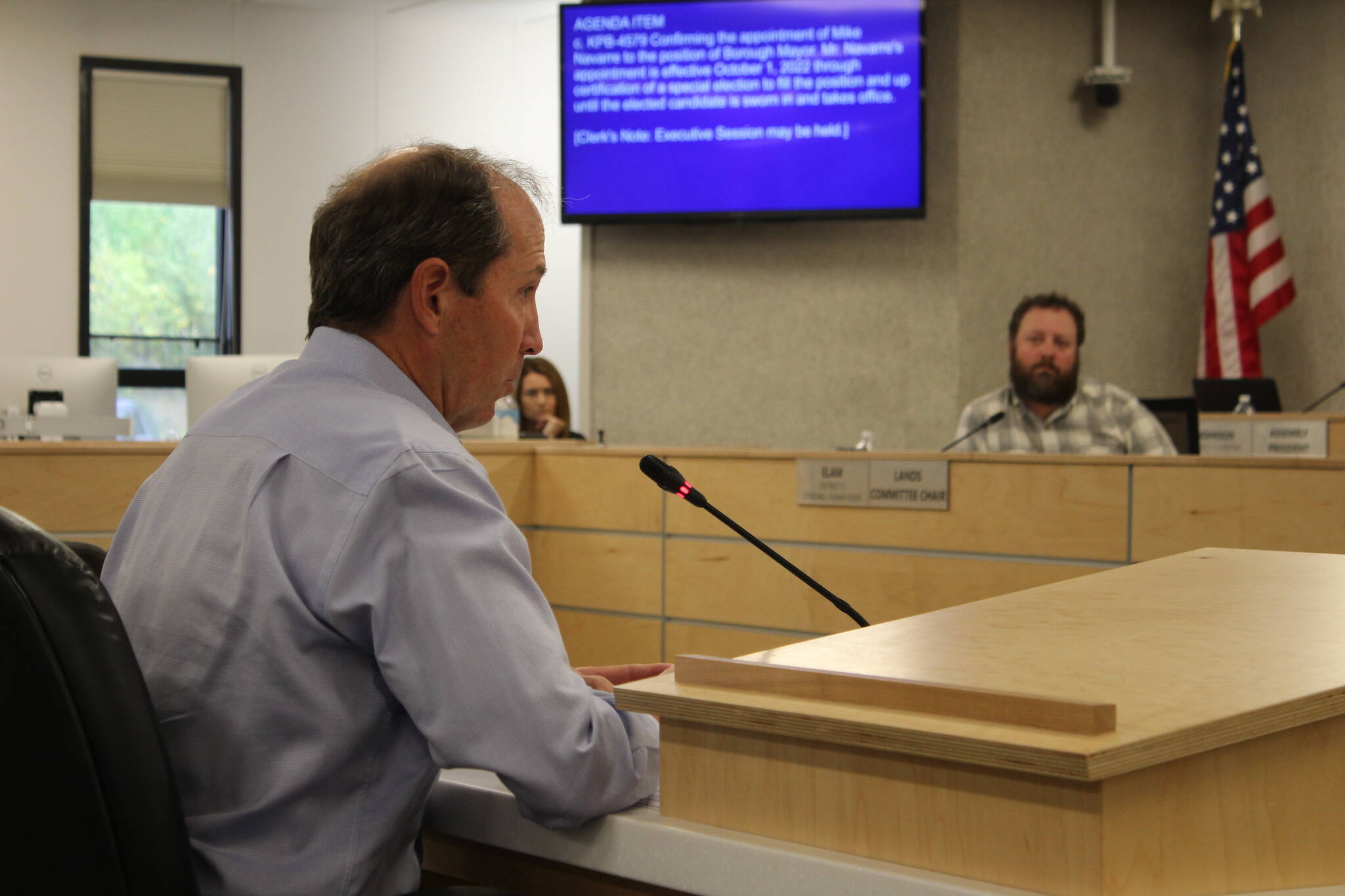 Mike Navarre testifies before the Kenai Peninsula Borough Assembly on Tuesday, Sept. 6, 2022, in Soldotna, Alaska. (Ashlyn O’Hara/Peninsula Clarion)