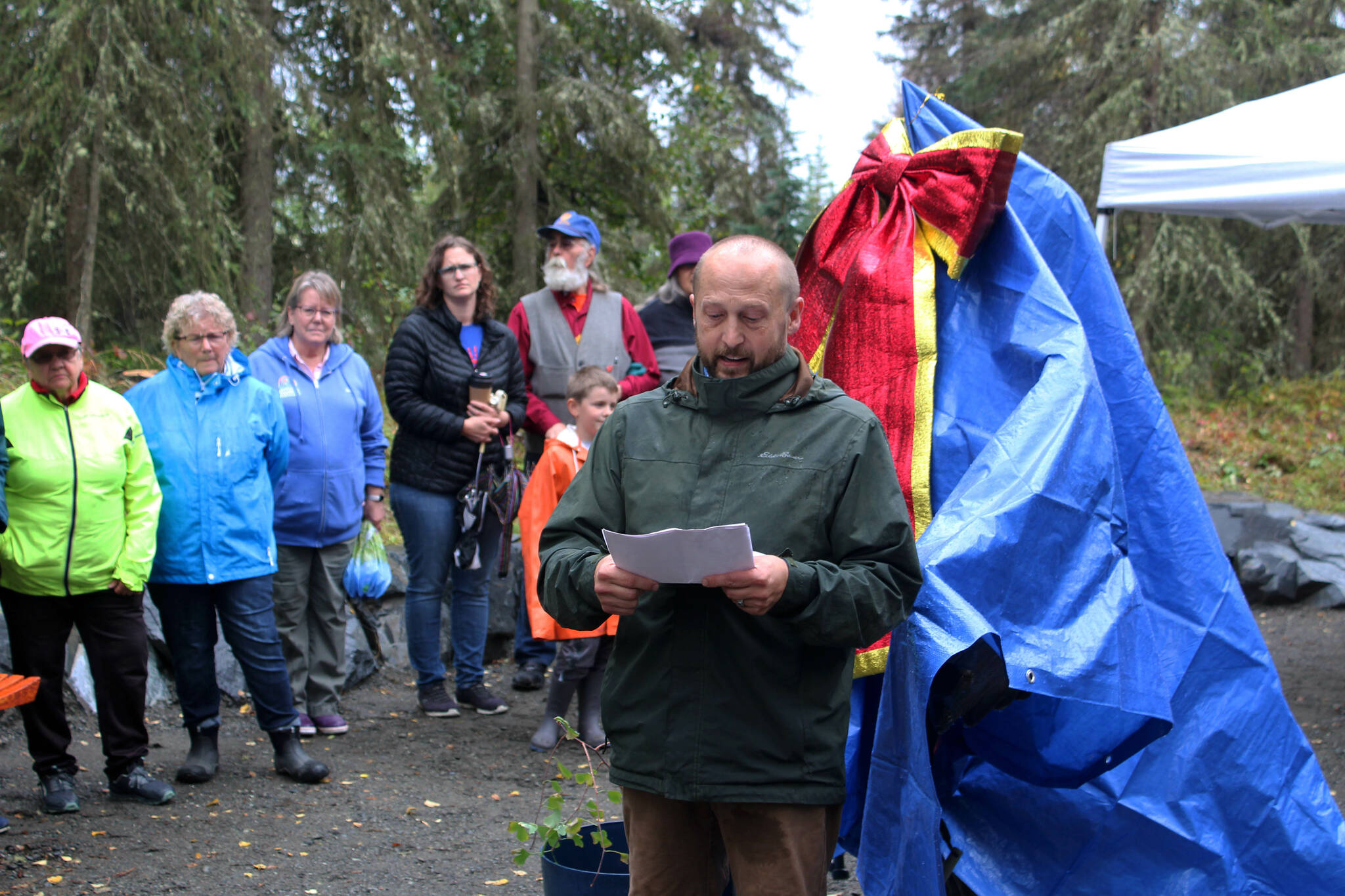 Kenai Peninsula Peace Crane Garden Trails Secretary Matthew Pyhala provides remarks at the grand opening and dedication of the trails on Thursday, Sept. 8, 2022, in Soldotna, Alaska. (Ashlyn O’Hara/Peninsula Clarion)