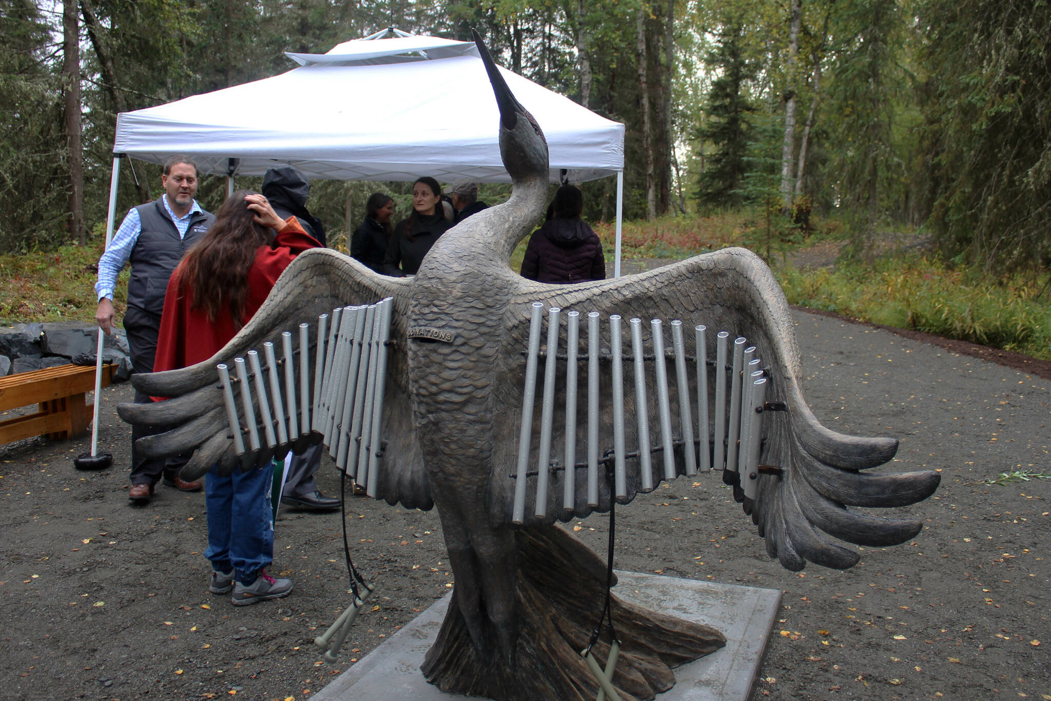 A peace crane statue unveiled as part of the grand opening and dedication of the Kenai Peninsula Peace Crane Garden Trails is seen on Thursday, Sept. 8, 2022, in Soldotna, Alaska. (Ashlyn O’Hara/Peninsula Clarion)