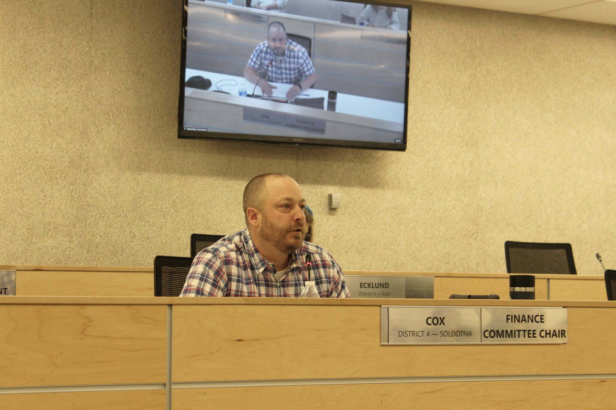 Kenai Peninsula Borough Assembly member Tyson Cox speaks during a special assembly meeting on Sunday, Sept. 11, 2022, in Soldotna, Alaska. (Ashlyn O’Hara/Peninsula Clarion)