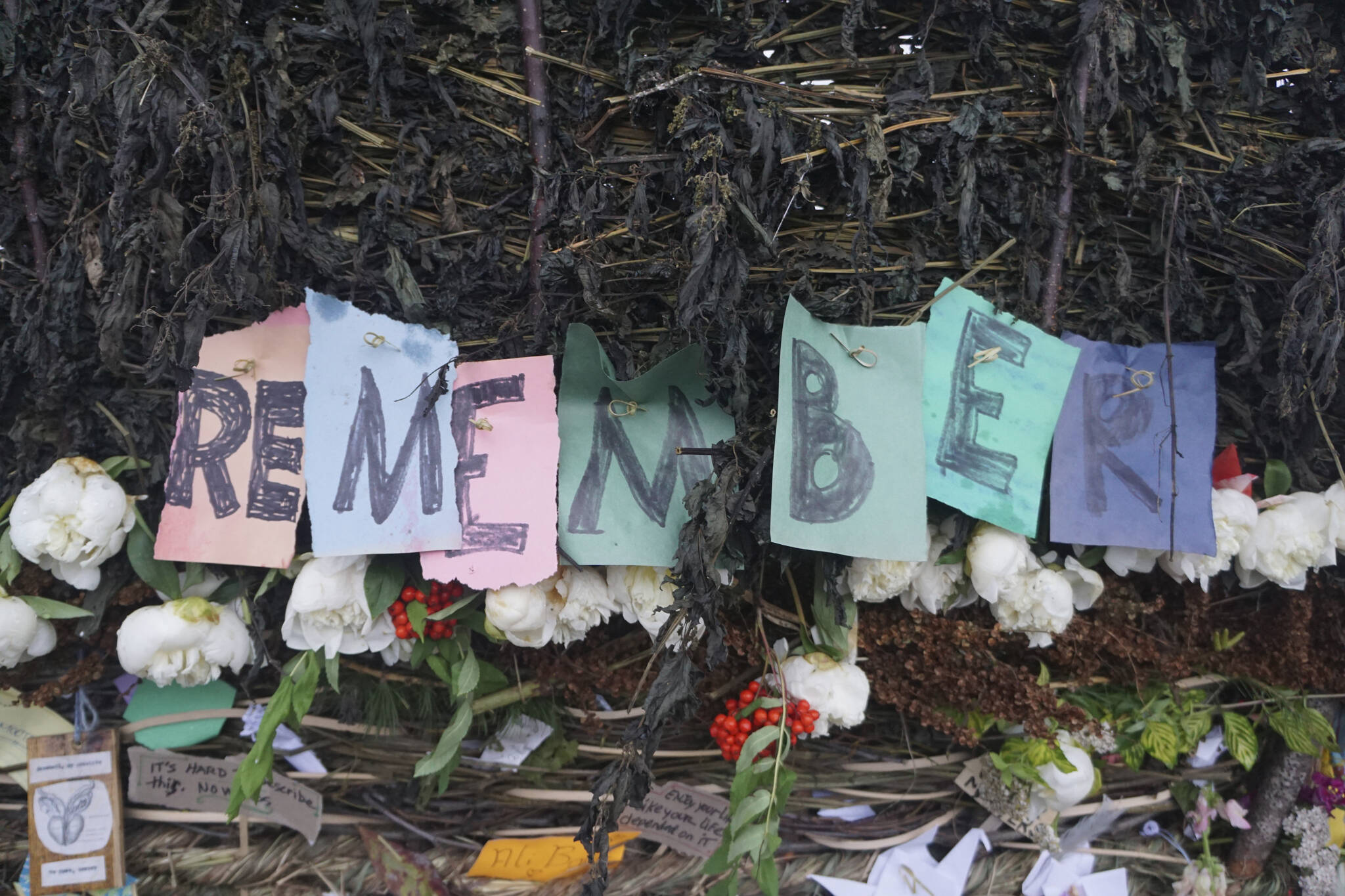 Letters spell out "remember," one of the messages people left on the 19th annual Burning Basket, "Breathe," on Sunday, Sept. 11, 2022, at Mariner Park on the Homer Spit in Homer, Alaska. (Photo by Michael Armstrong/Homer News)
