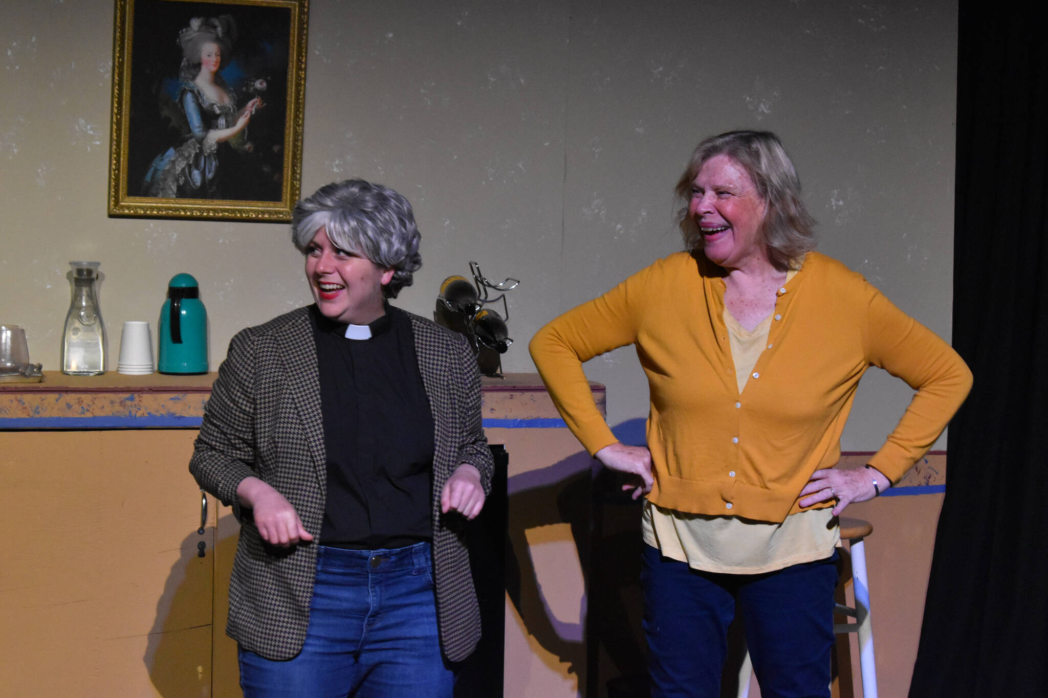 Lacey Jane Brewster and Terri Zopf-Schoessler act during a rehearsal of “Menopause Made Me Do It” on Tuesday, Sept. 13, 2022, in Soldotna, Alaska. (Jake Dye/Peninsula Clarion)
