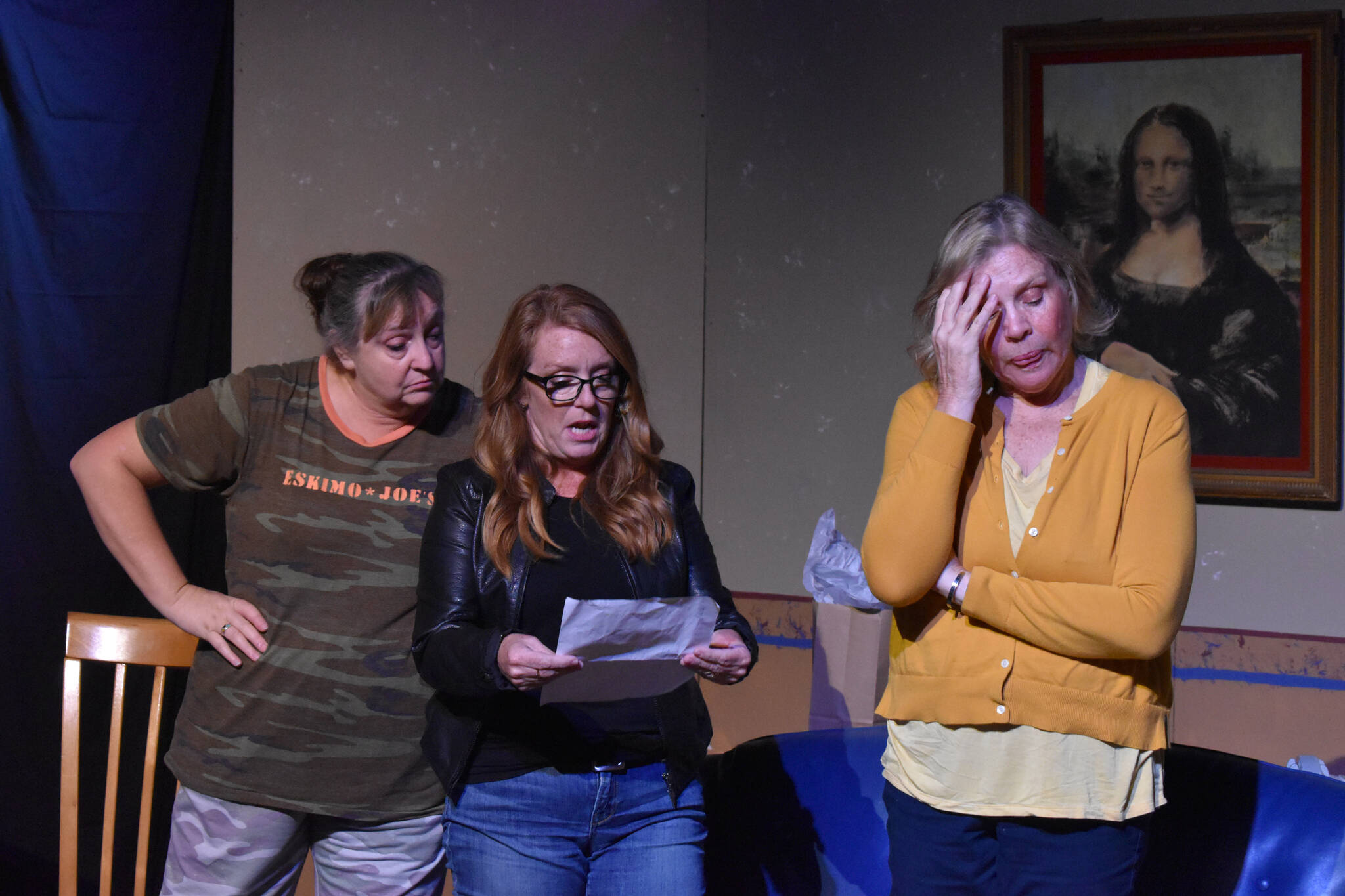 Donna Shirnberg, Tracie Sanborn and Terri Zopf-Schoessler act during a rehearsal of “Menopause Made Me Do It” on Tuesday, Sept. 13, 2022 in Soldotna, Alaska. (Jake Dye/Peninsula Clarion)