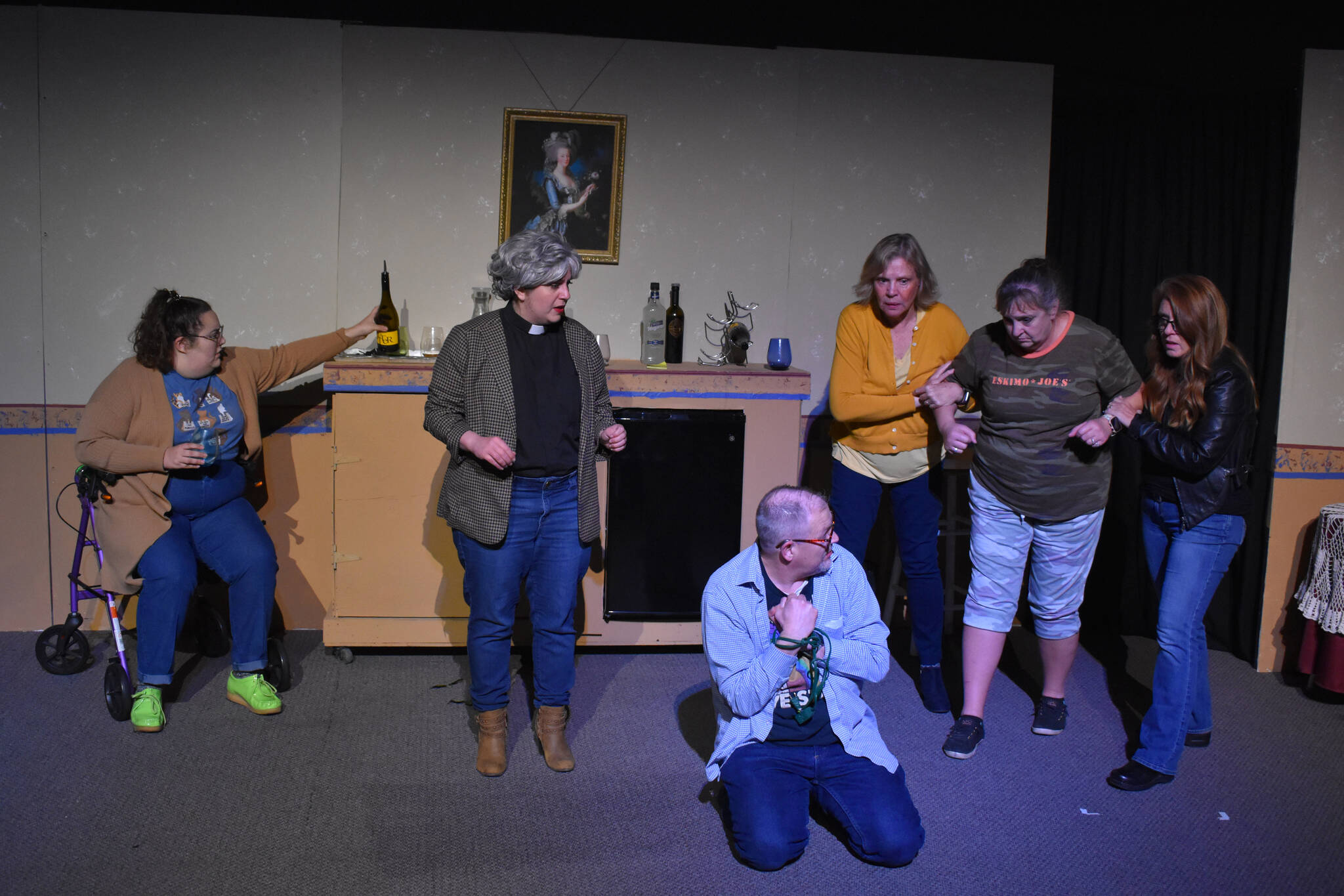 Nikki Stein, Lacey Jane Brewster, Terri Zopf-Schoessler, Donna Shirnberg, Tracie Sanborn and Bill Taylor act during a rehearsal of “Menopause Made Me Do It” on Tuesday, Sept. 13, 2022, in Soldotna, Alaska. (Jake Dye/Peninsula Clarion)